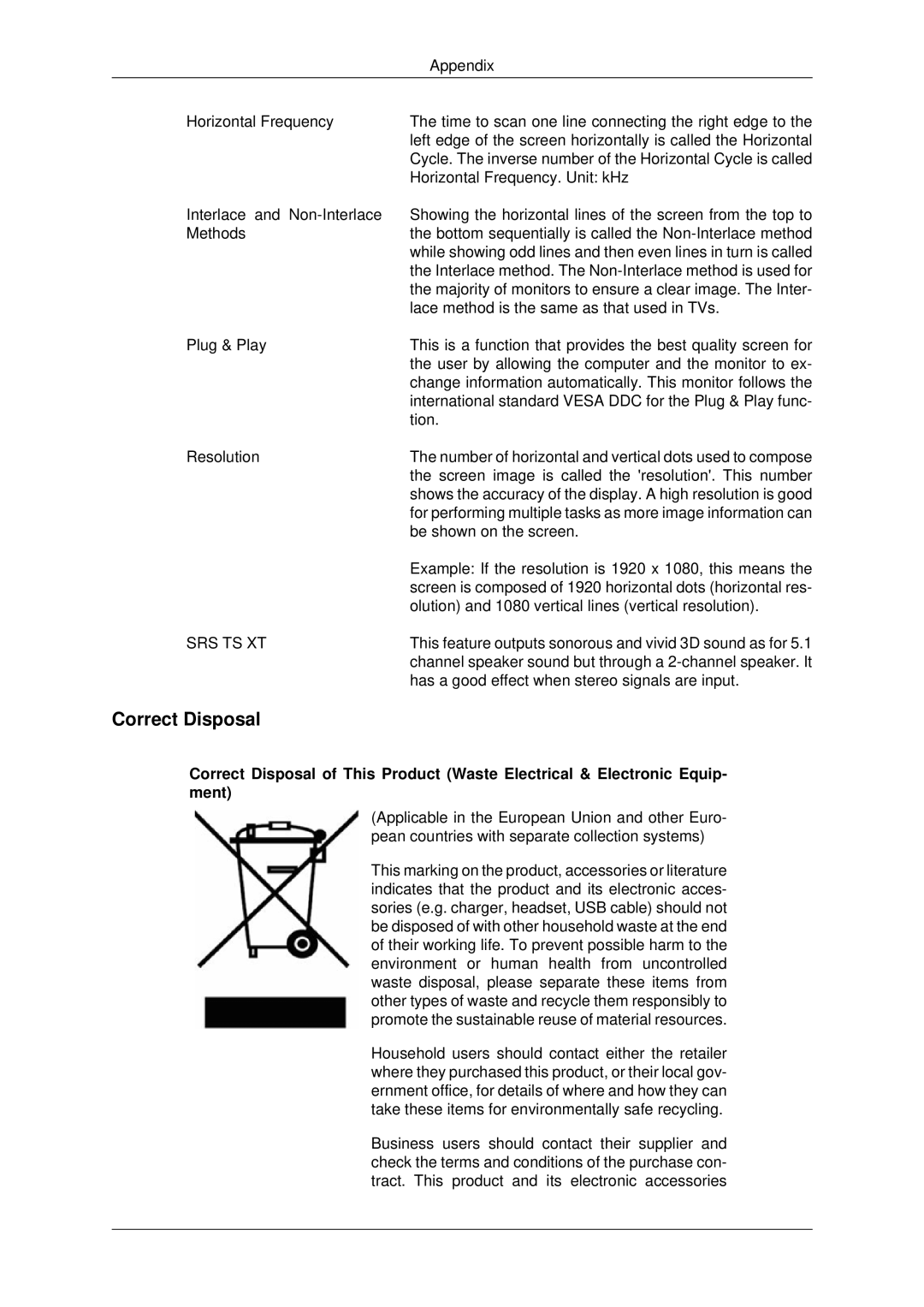 Samsung 400FPn-2, 460FPN-2, 460FP-2, 400FP-2 user manual Correct Disposal, Srs Ts Xt 