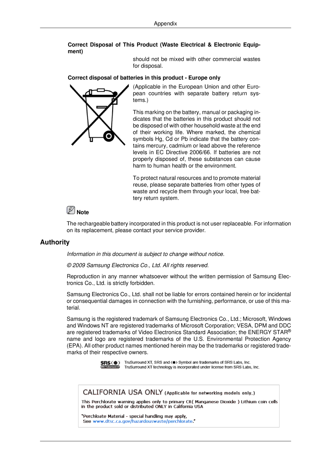 Samsung 400FP-2, 460FPN-2, 460FP-2, 400FPn-2 user manual Authority, Correct disposal of batteries in this product Europe only 