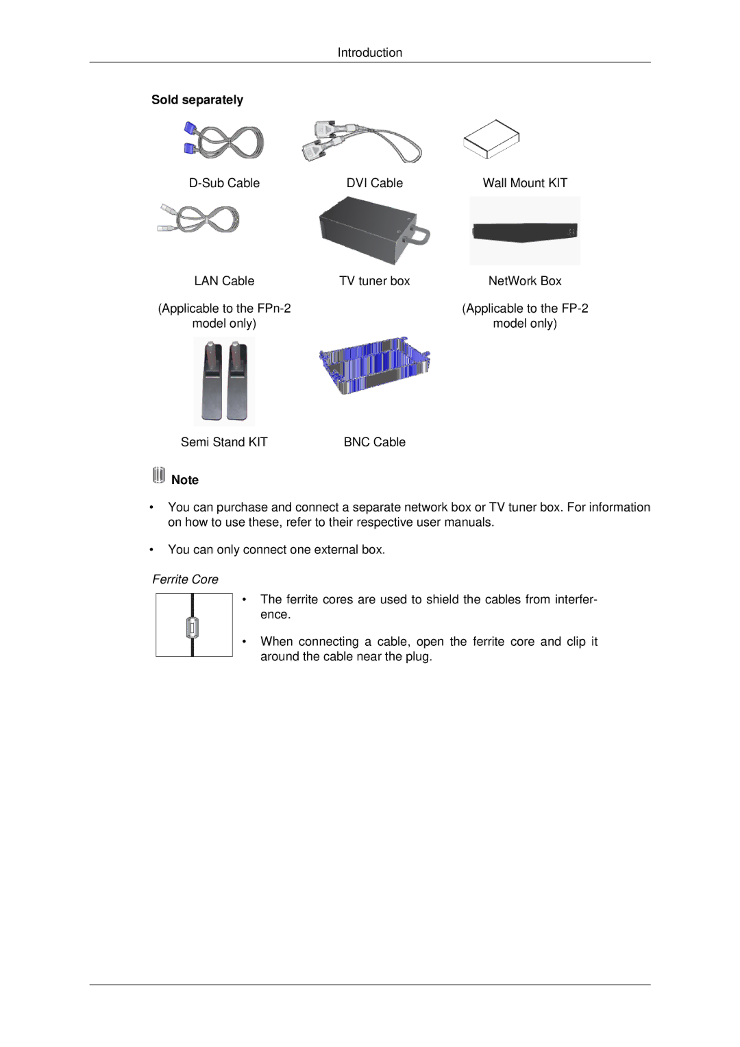 Samsung 400FP-2, 460FPN-2, 460FP-2, 400FPn-2 user manual Sold separately, Ferrite Core 