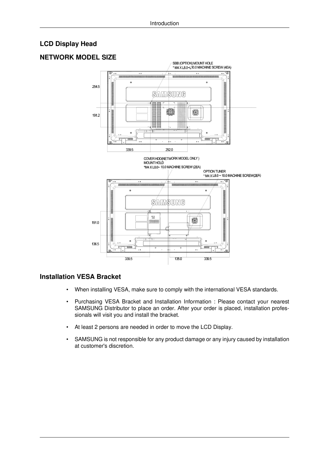 Samsung 460FP-2, 460FPN-2, 400FPn-2, 400FP-2 user manual LCD Display Head, Installation Vesa Bracket 