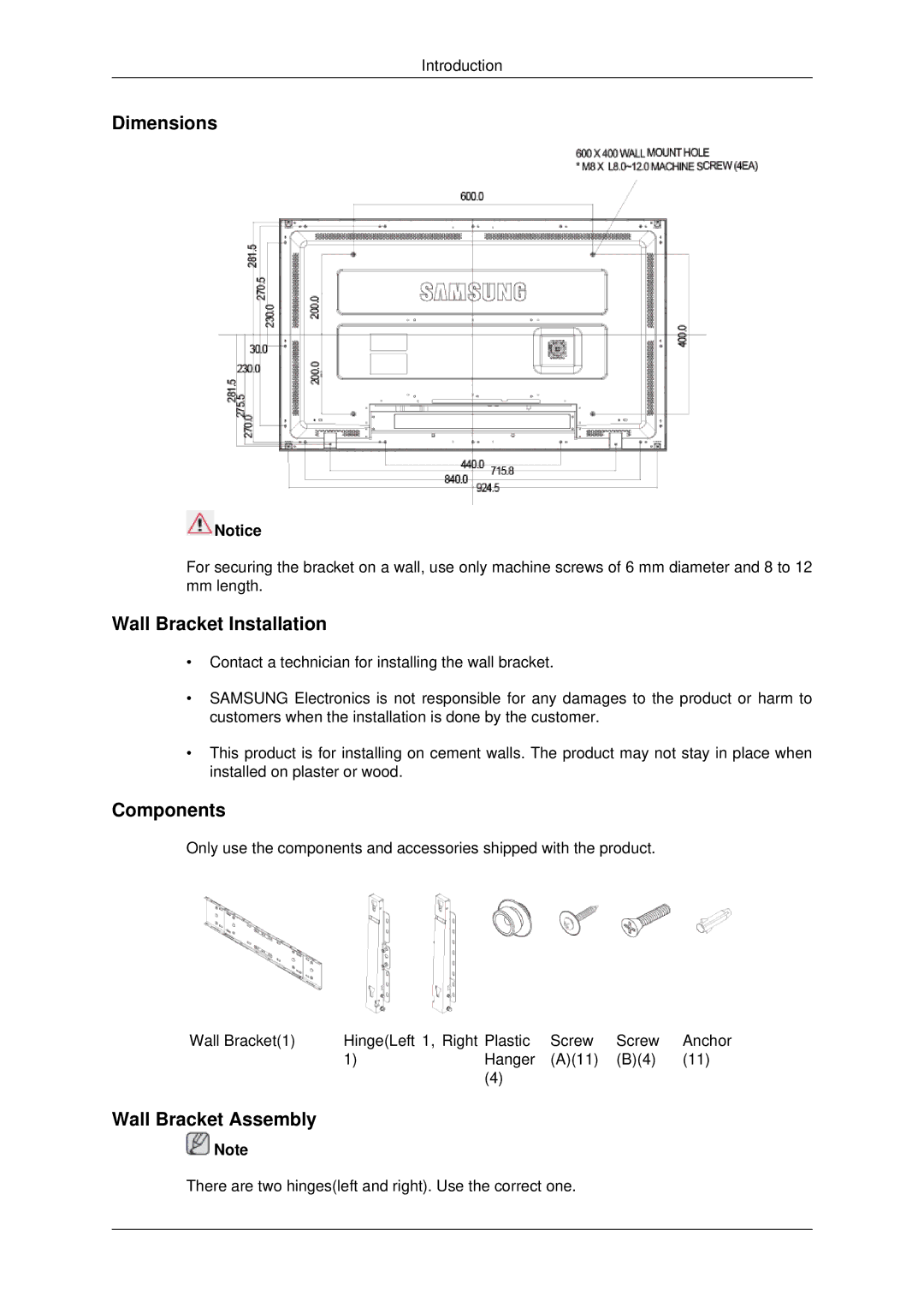 Samsung 400FPn-2, 460FPN-2, 460FP-2, 400FP-2 Dimensions, Wall Bracket Installation, Components, Wall Bracket Assembly 