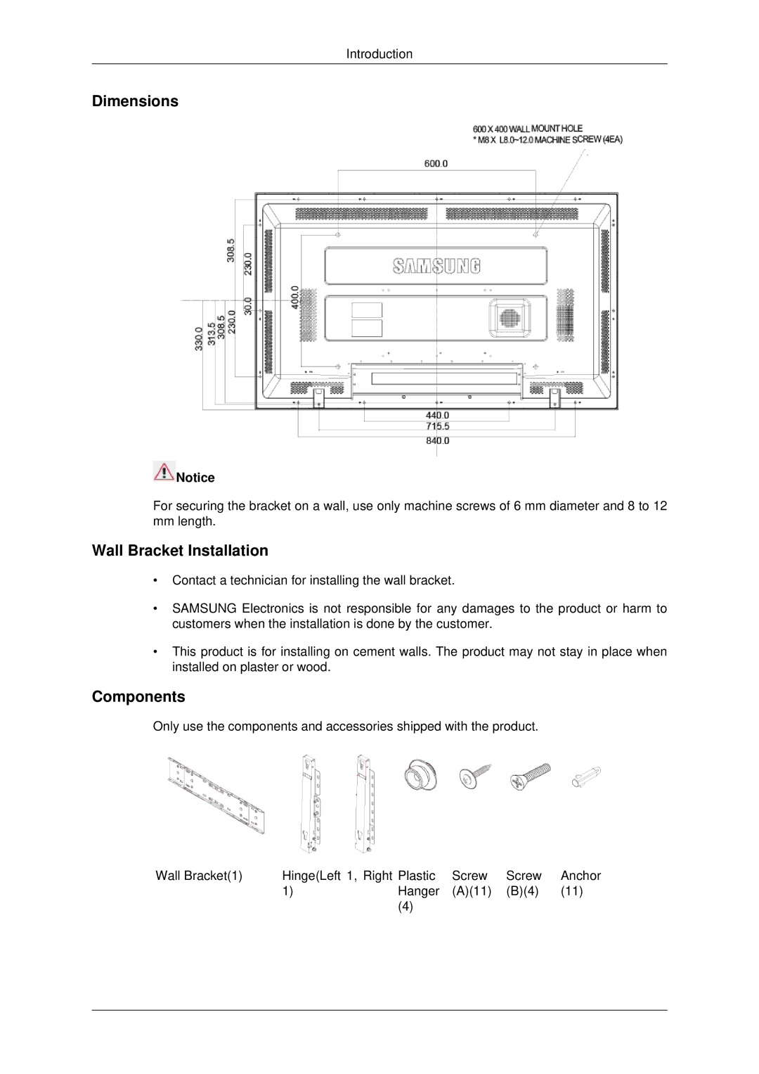 Samsung 460FPN-2, 460FP-2, 400FPn-2, 400FP-2 user manual Dimensions 