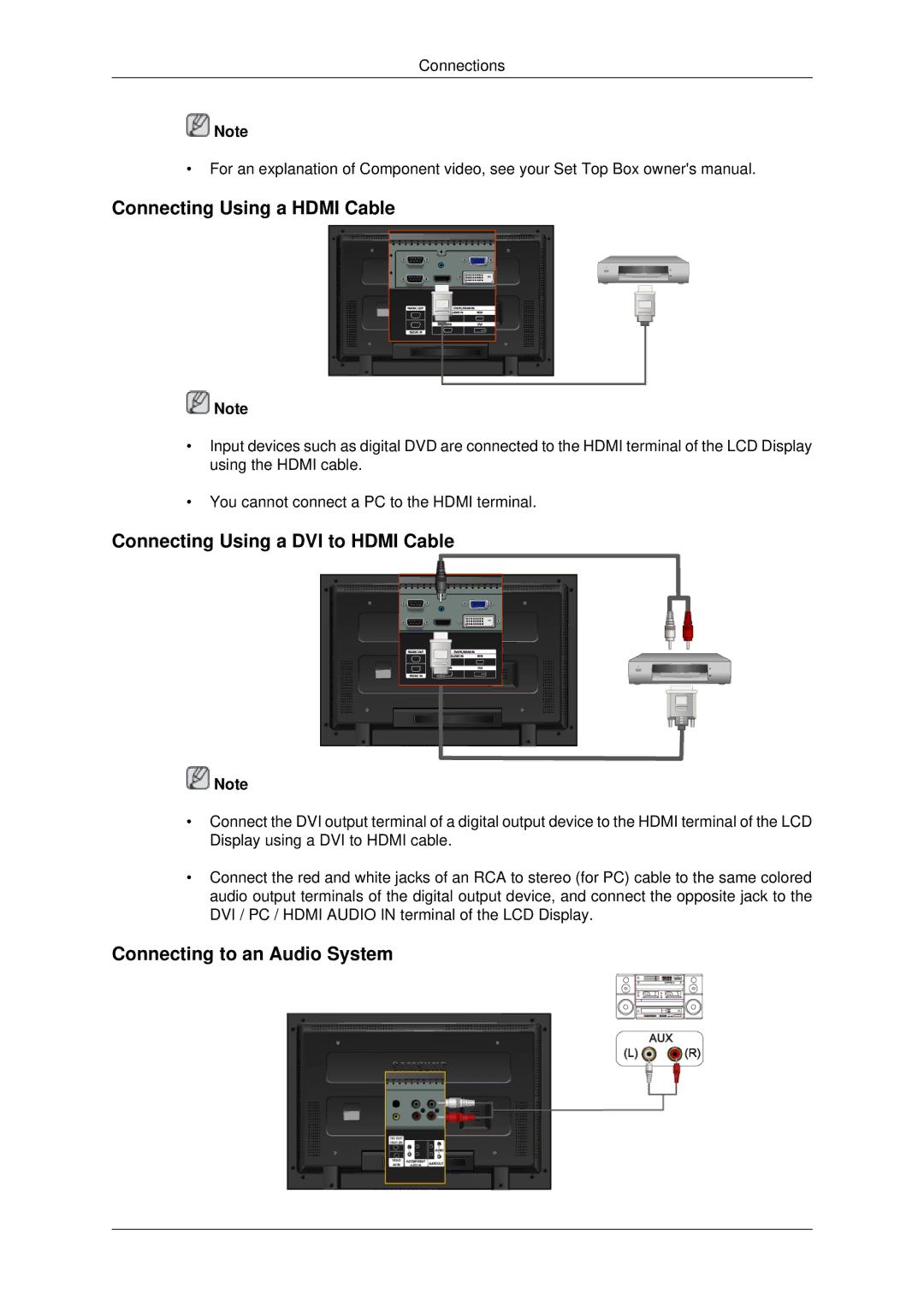 Samsung 460FP-2 Connecting Using a Hdmi Cable, Connecting Using a DVI to Hdmi Cable, Connecting to an Audio System 