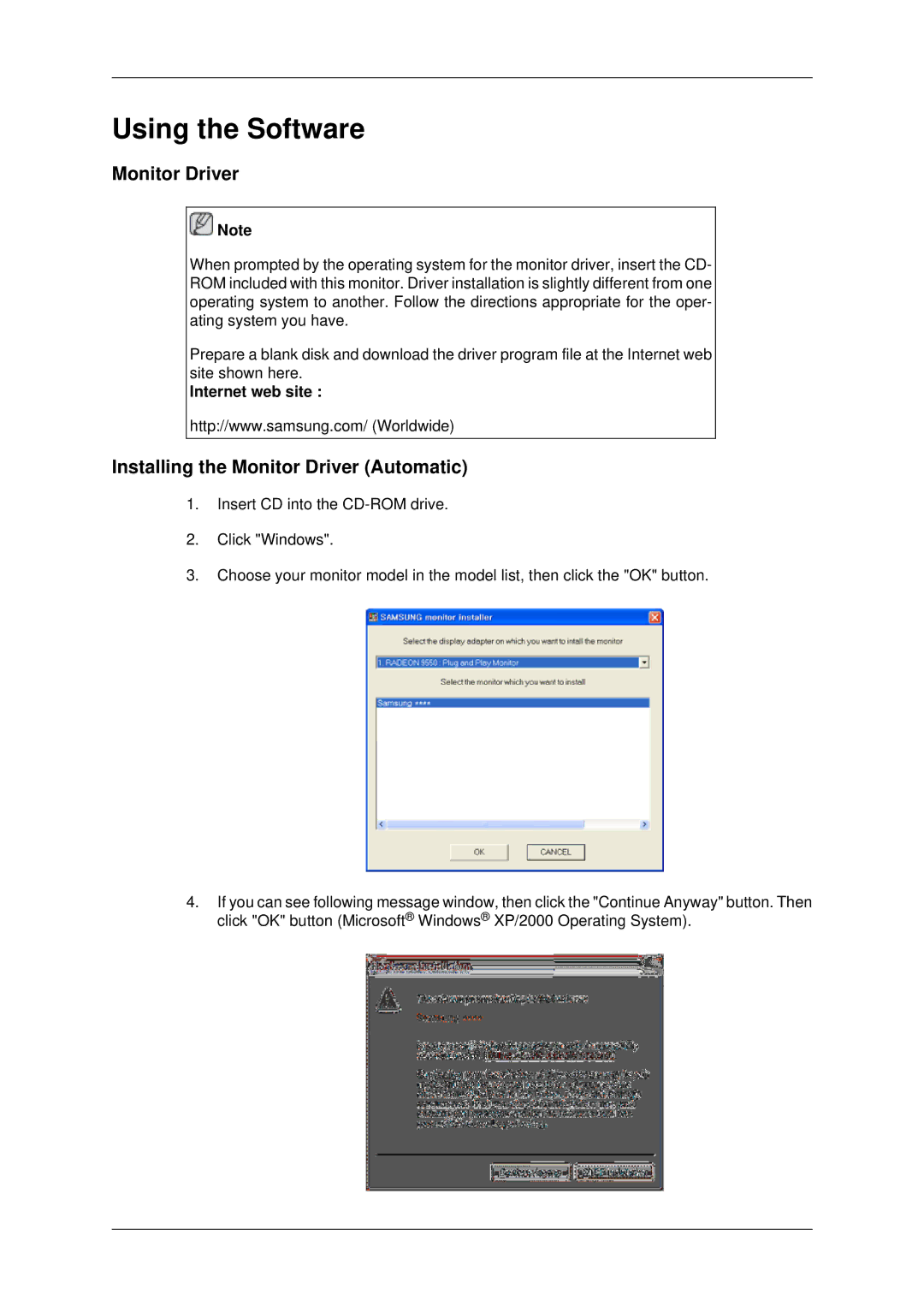 Samsung 460FPN-2, 460FP-2, 400FPn-2, 400FP-2 user manual Installing the Monitor Driver Automatic, Internet web site 