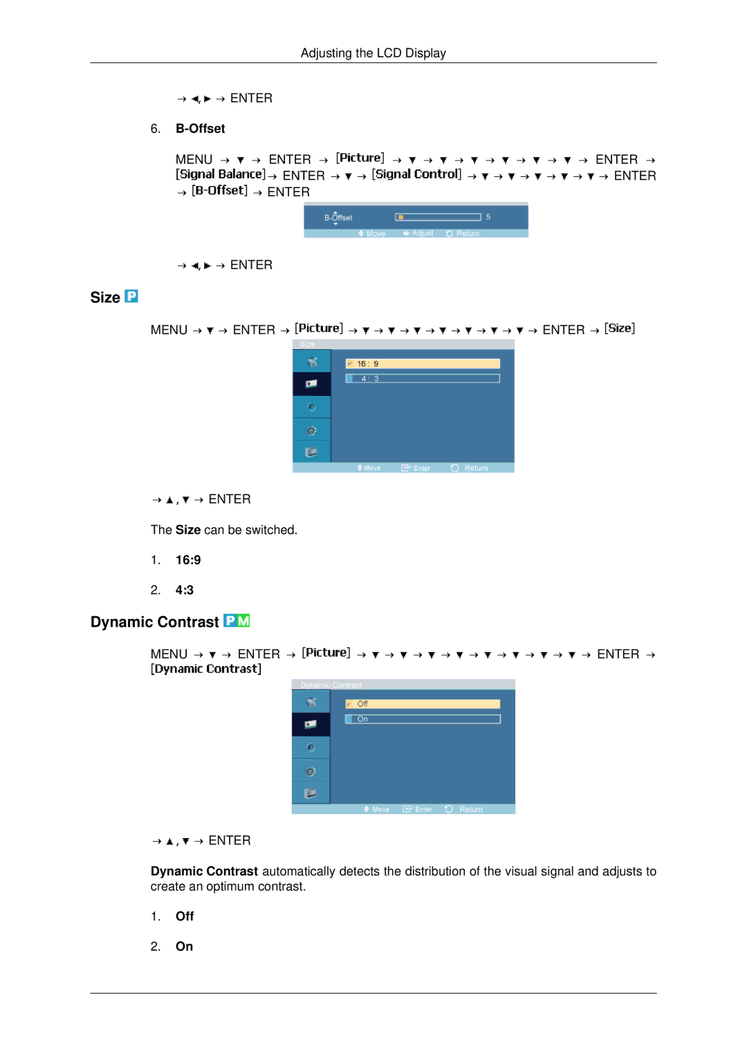 Samsung 400FPn-2, 460FPN-2, 460FP-2, 400FP-2 user manual Size, Dynamic Contrast, Off 