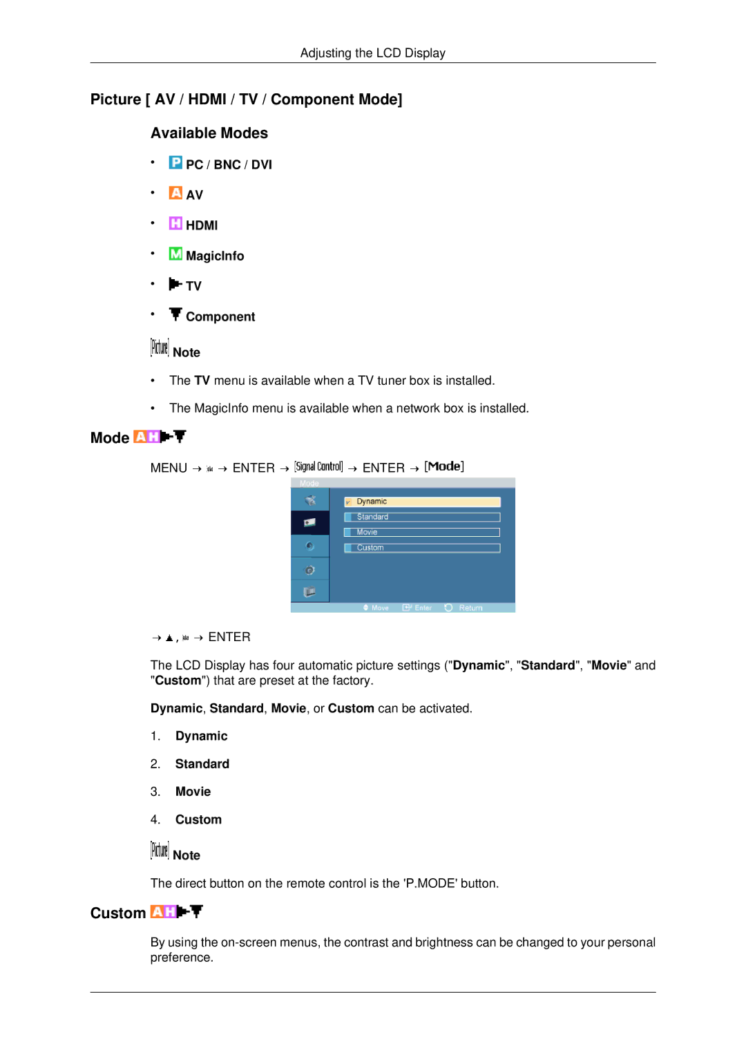 Samsung 400FP-2, 460FPN-2, 460FP-2, 400FPn-2 user manual Picture AV / Hdmi / TV / Component Mode Available Modes 