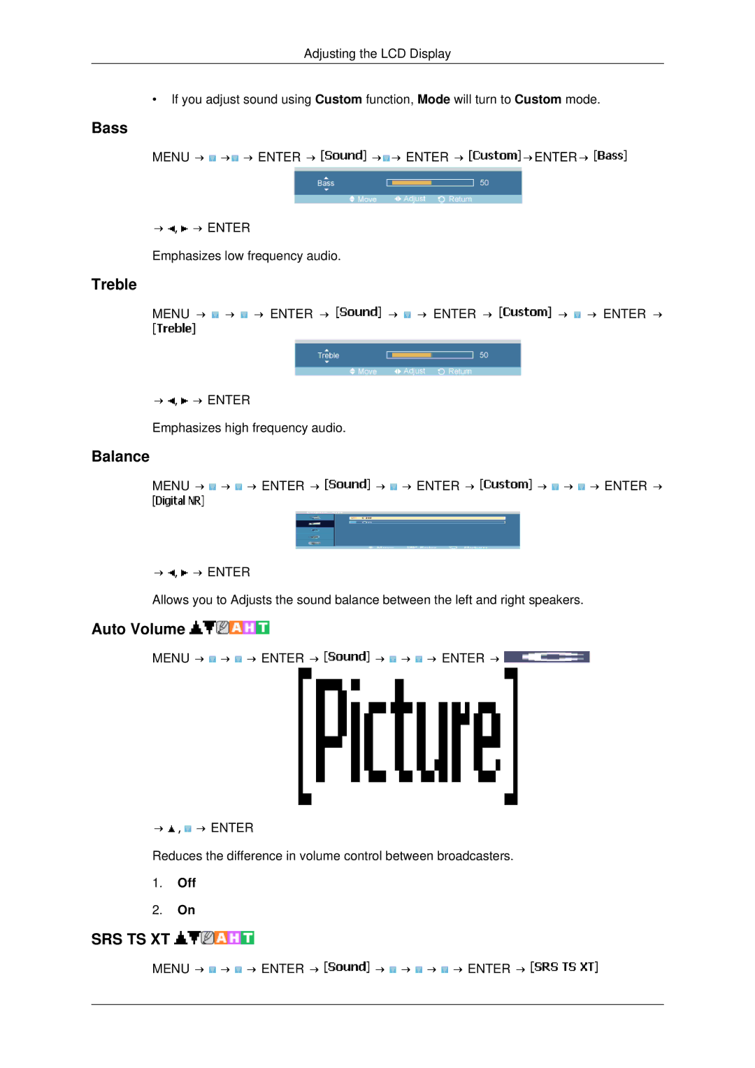 Samsung 460FP-2, 460FPN-2, 400FPn-2, 400FP-2 user manual Bass, Treble, Balance, Auto Volume 