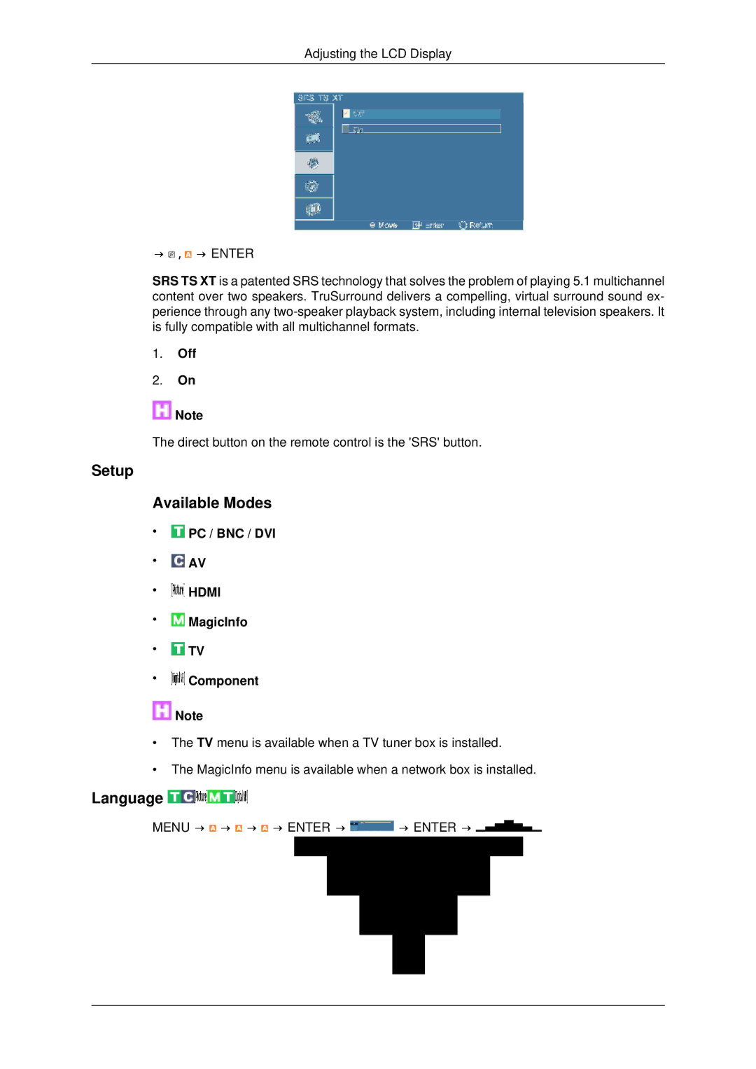 Samsung 400FPn-2, 460FPN-2, 460FP-2, 400FP-2 user manual Setup Available Modes, Language 