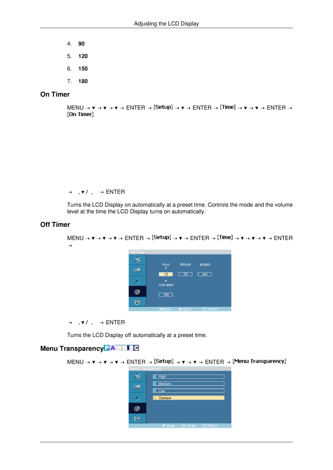 Samsung 460FPN-2, 460FP-2, 400FPn-2, 400FP-2 user manual On Timer, Off Timer, Menu Transparency 