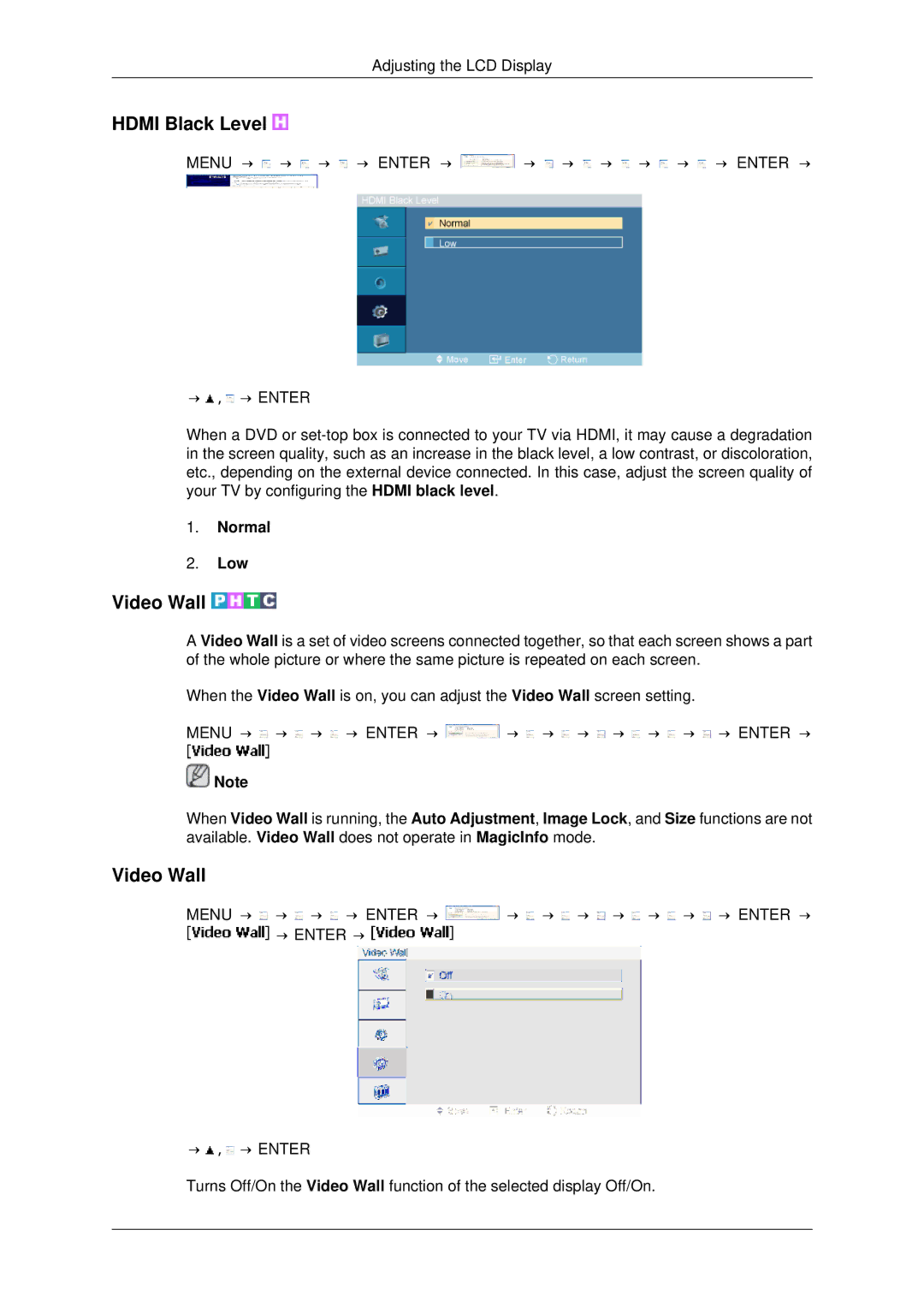 Samsung 400FPn-2, 460FPN-2, 460FP-2, 400FP-2 user manual Hdmi Black Level, Video Wall, Normal Low 