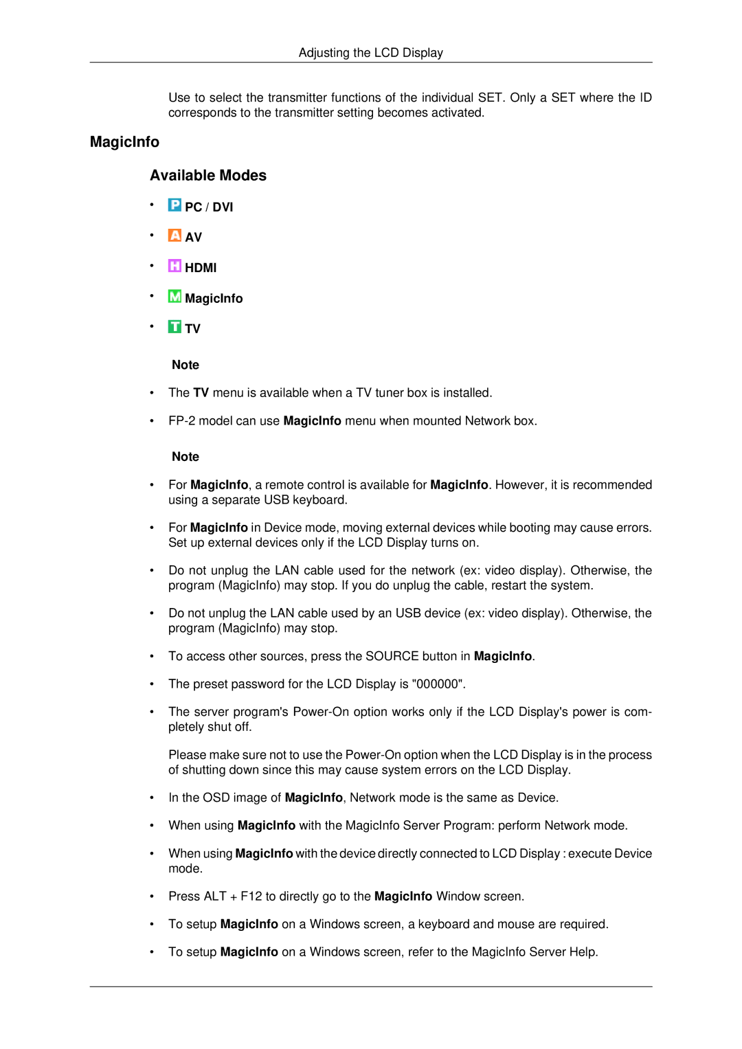 Samsung 460FPN-2, 460FP-2, 400FPn-2, 400FP-2 user manual MagicInfo Available Modes, Pc / Dvi 