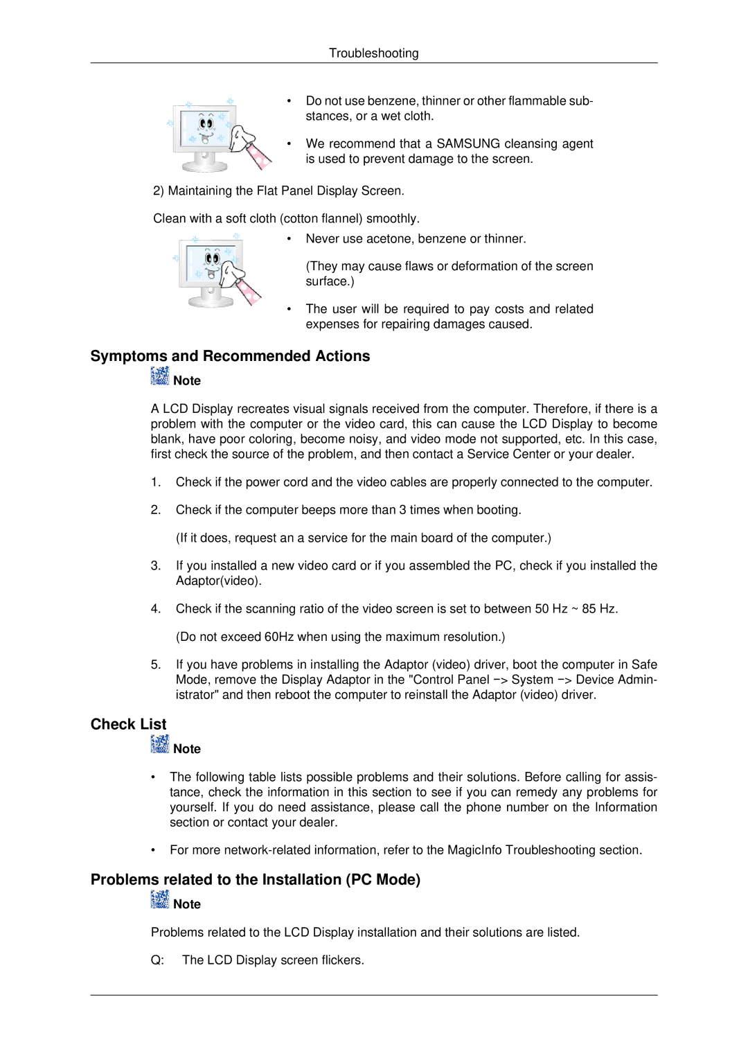 Samsung 460FPN-2, 460FP-2 Symptoms and Recommended Actions, Check List, Problems related to the Installation PC Mode 