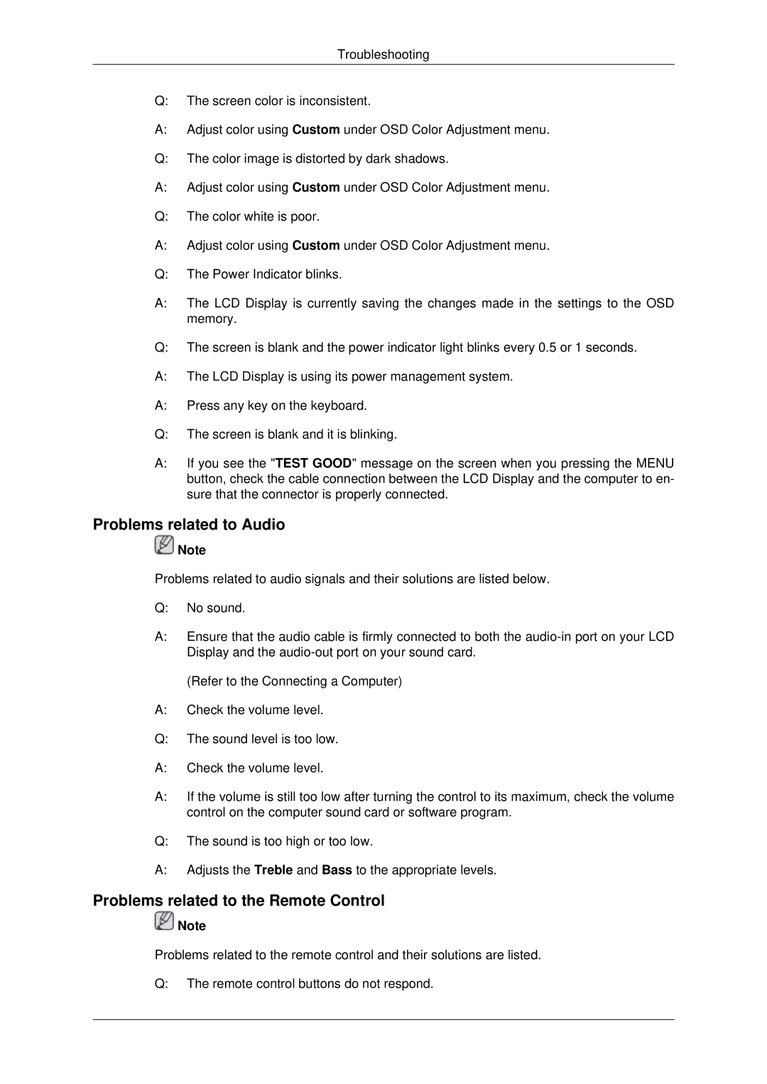 Samsung 400FPn-2, 460FPN-2, 460FP-2, 400FP-2 user manual Problems related to Audio, Problems related to the Remote Control 