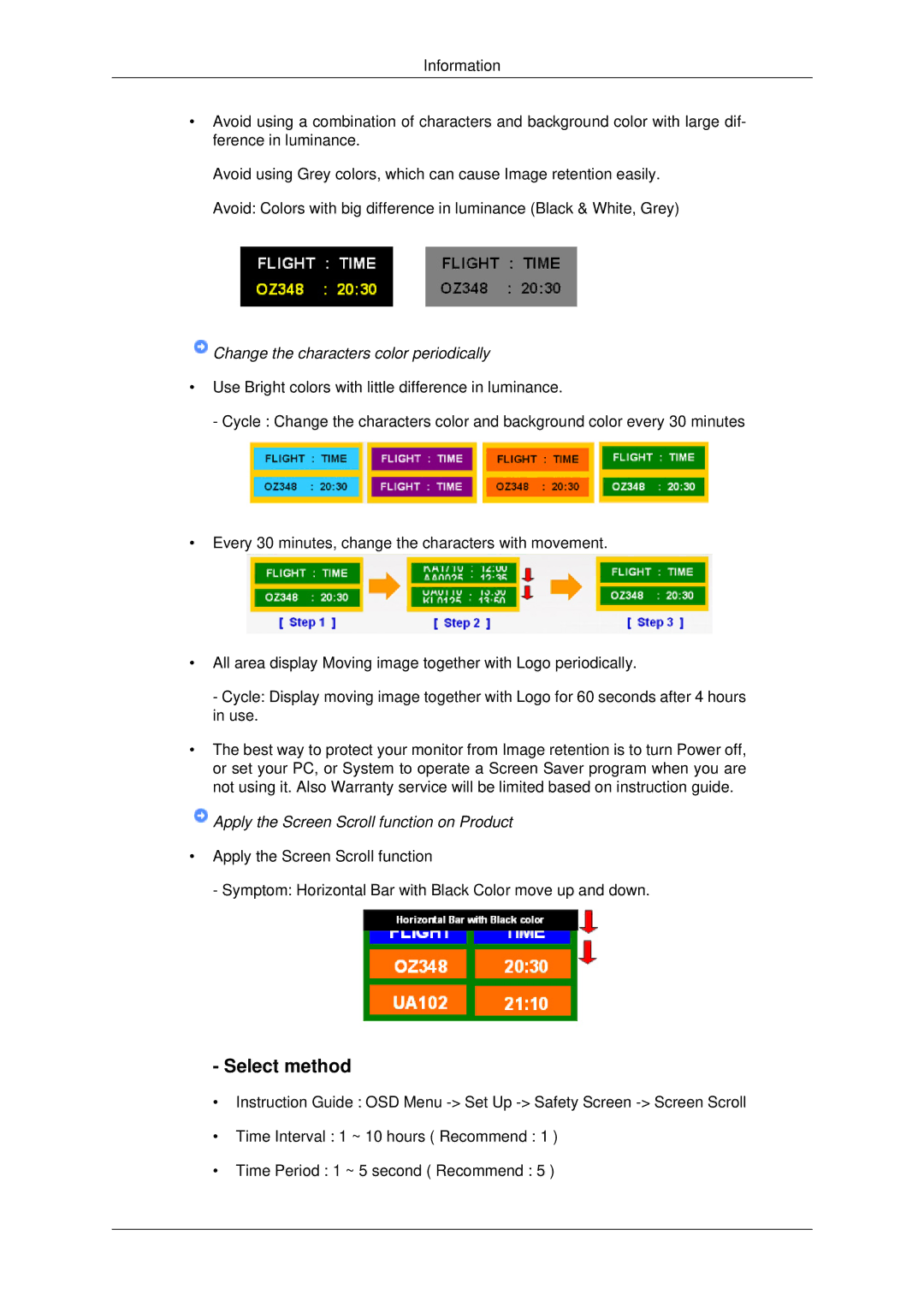 Samsung 460FPN-2 Select method, Change the characters color periodically, Apply the Screen Scroll function on Product 