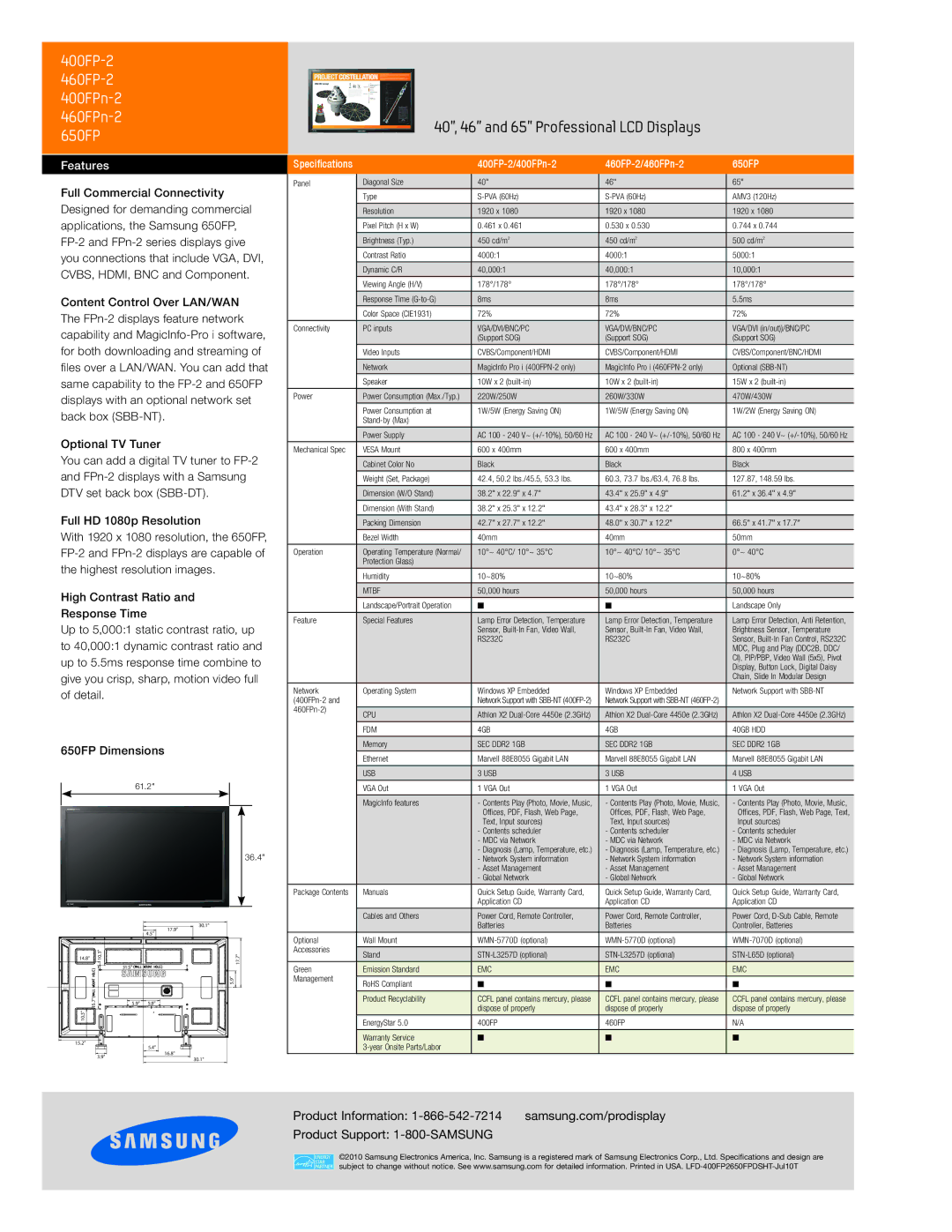 Samsung 460FPN-2 manual Features, Optional TV Tuner, Full HD 1080p Resolution, 400FP-2/400FPn-2 460FP-2/460FPn-2 650FP 