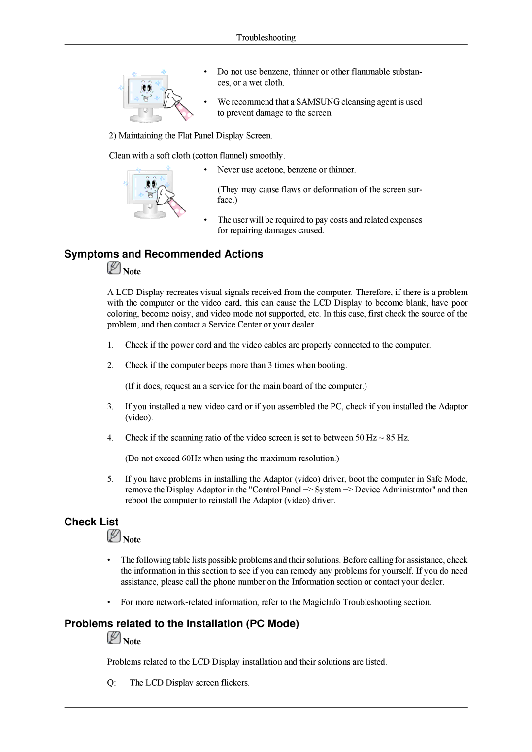 Samsung 460MPn, 400MPN Symptoms and Recommended Actions, Check List, Problems related to the Installation PC Mode 