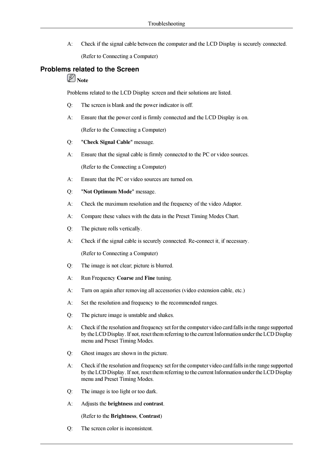 Samsung 460MPn, 400MPN user manual Problems related to the Screen, Check Signal Cable message, Not Optimum Mode message 