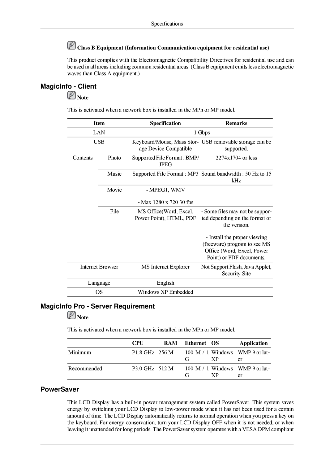 Samsung 400MPN MagicInfo Client, MagicInfo Pro Server Requirement, PowerSaver, Specification Remarks, Ethernet Application 