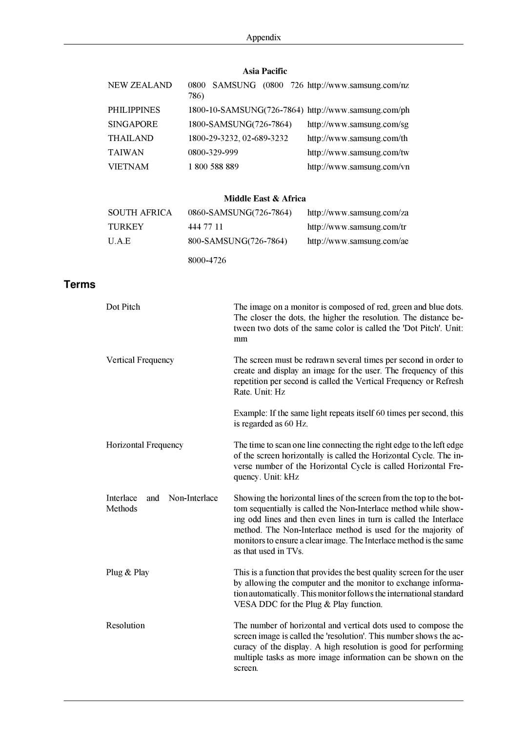 Samsung 460MPn, 400MPN user manual Terms, Middle East & Africa 