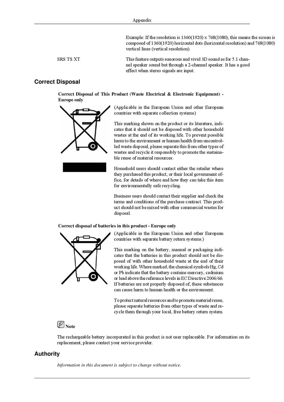 Samsung 460MPn, 400MPN user manual Correct Disposal, Authority, Correct disposal of batteries in this product Europe only 