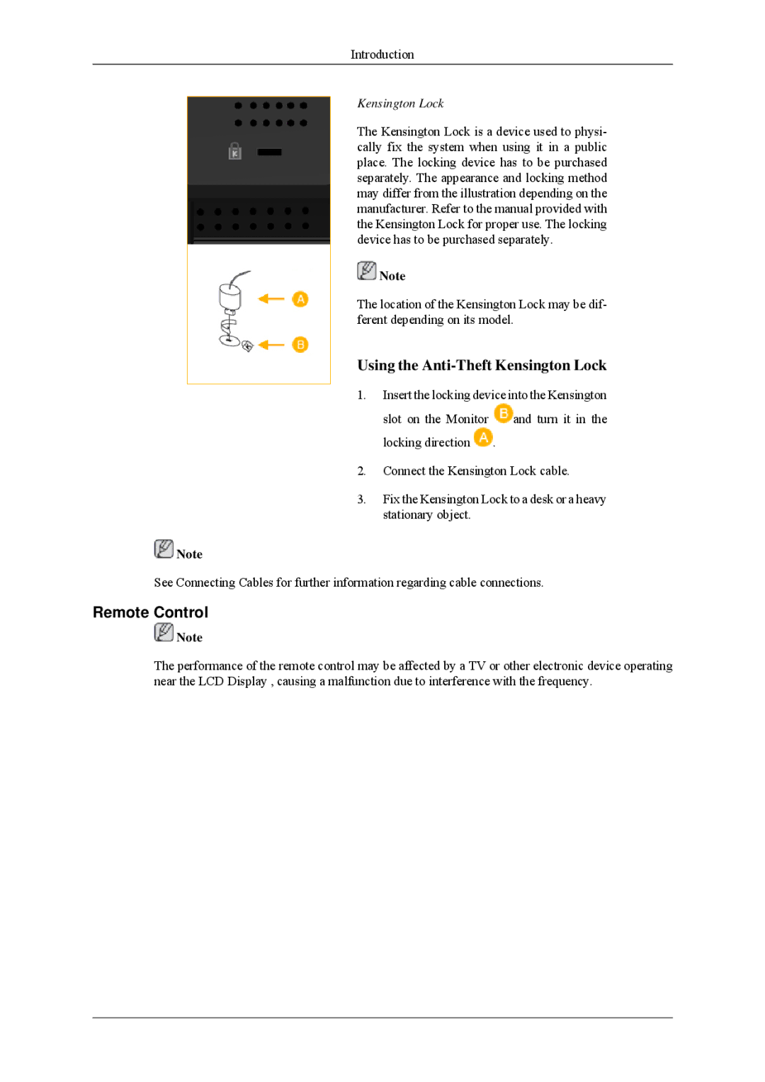 Samsung 460MPn, 400MPN user manual Remote Control, Kensington Lock 