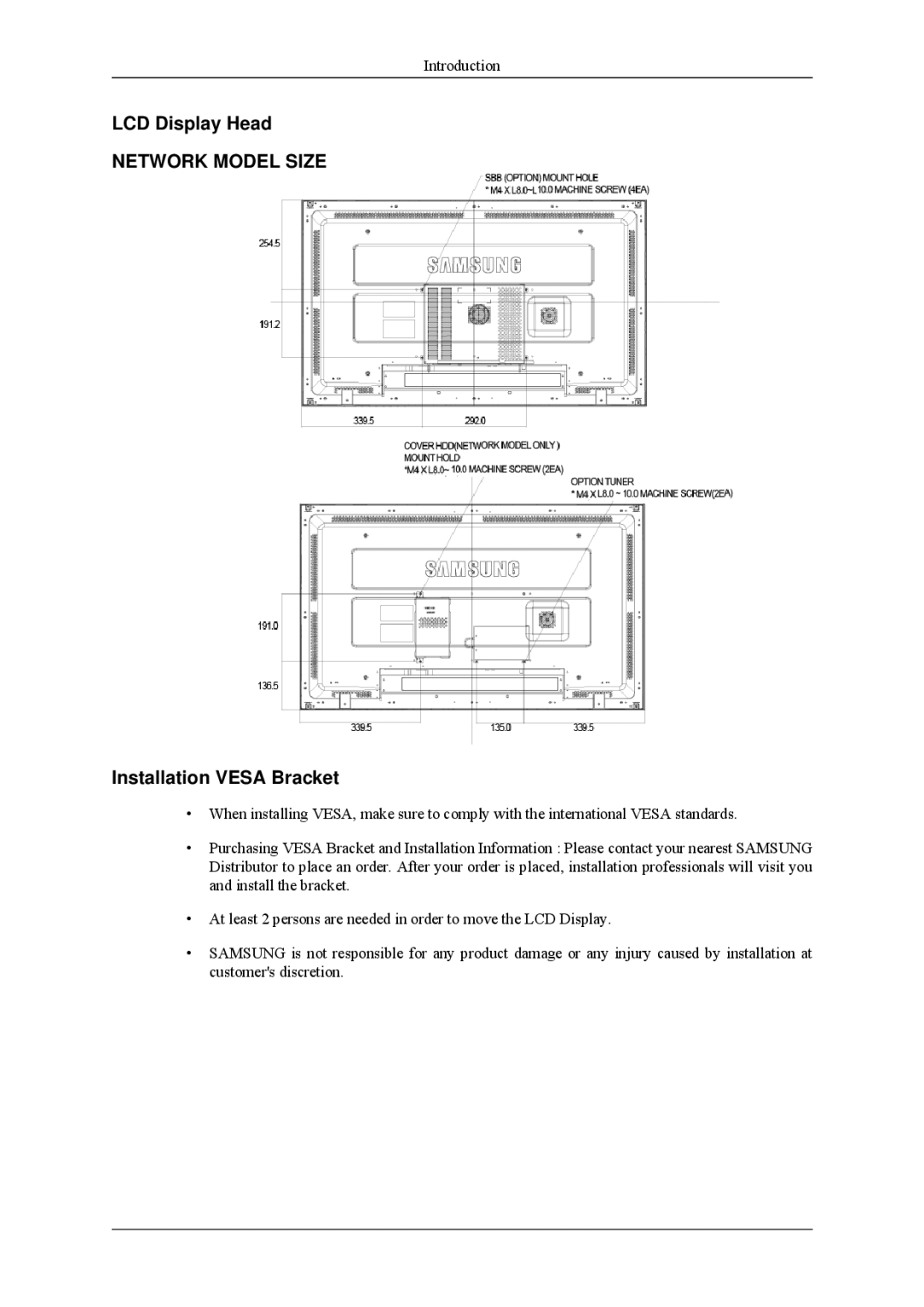 Samsung 460MPn, 400MPN user manual LCD Display Head, Installation Vesa Bracket 