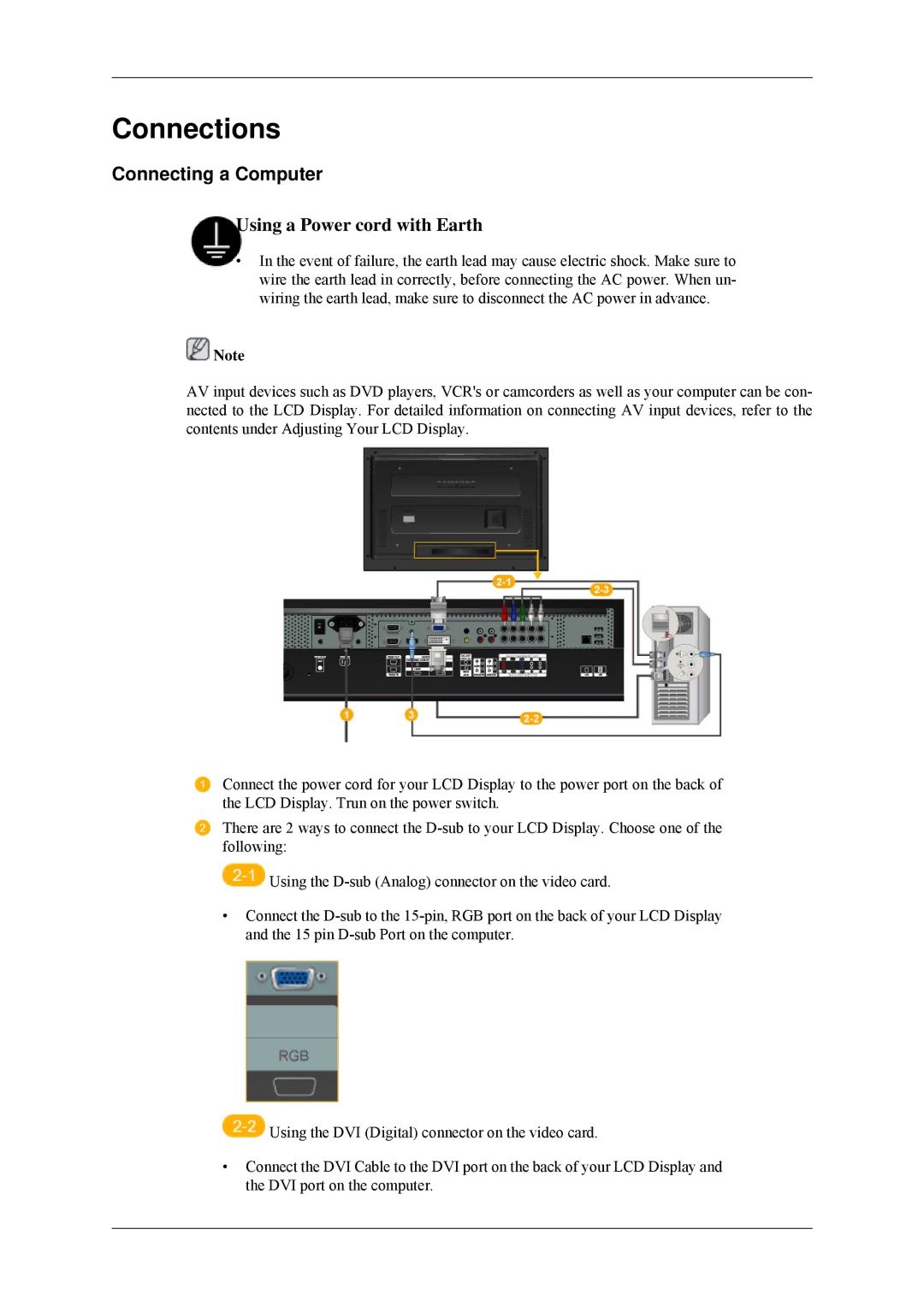 Samsung 460MPn, 400MPN user manual Connections, Connecting a Computer 