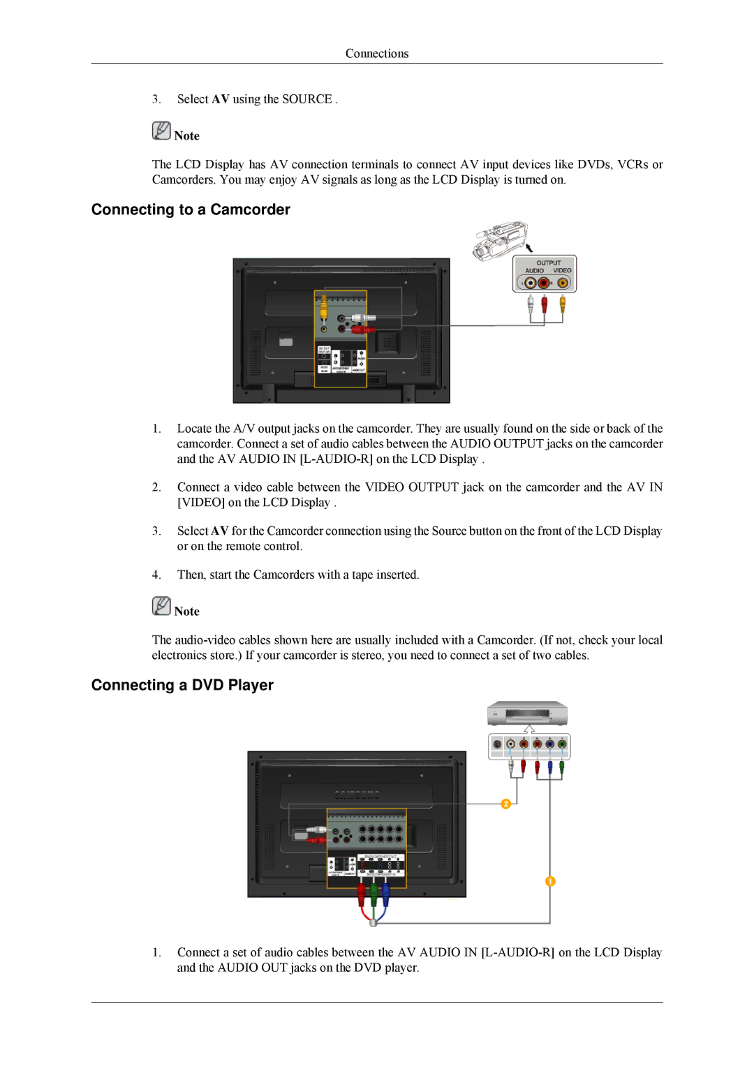 Samsung 400MPN, 460MPn user manual Connecting to a Camcorder, Connecting a DVD Player 