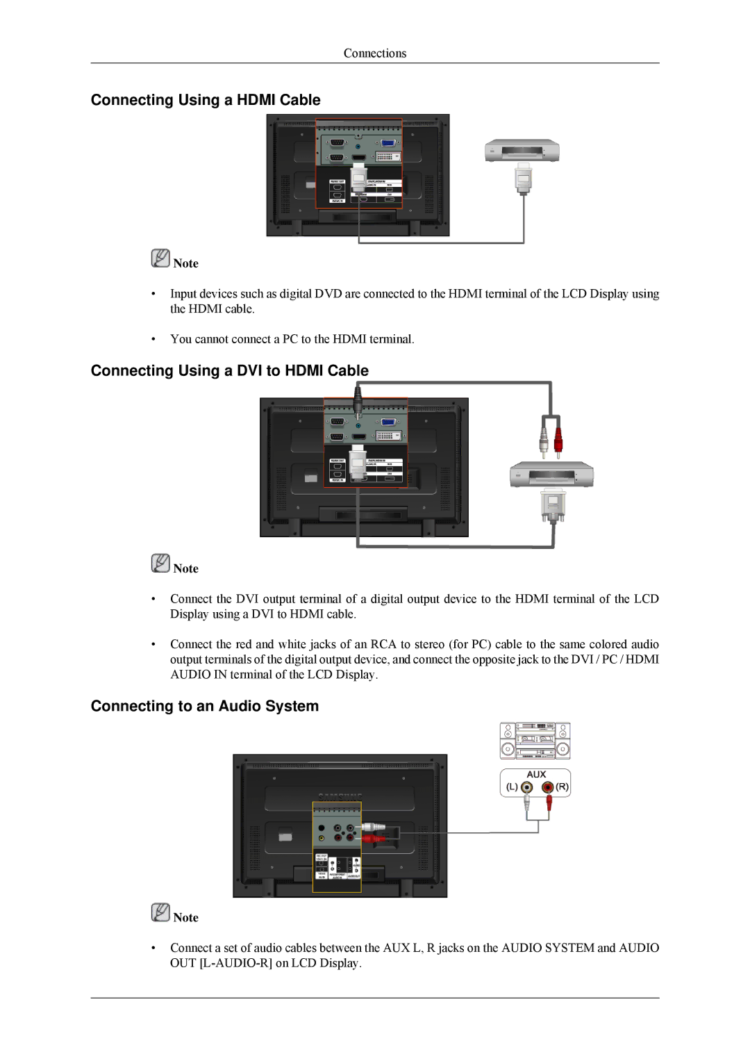 Samsung 460MPn Connecting Using a Hdmi Cable, Connecting Using a DVI to Hdmi Cable, Connecting to an Audio System 