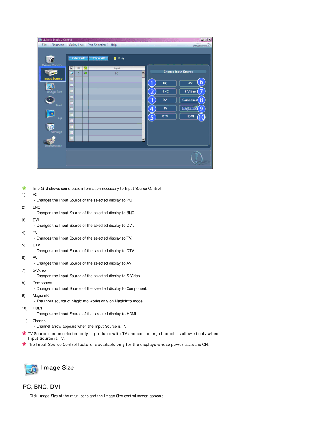 Samsung 460MPn, 400MPN user manual Image Size, Pc, Bnc, Dvi 