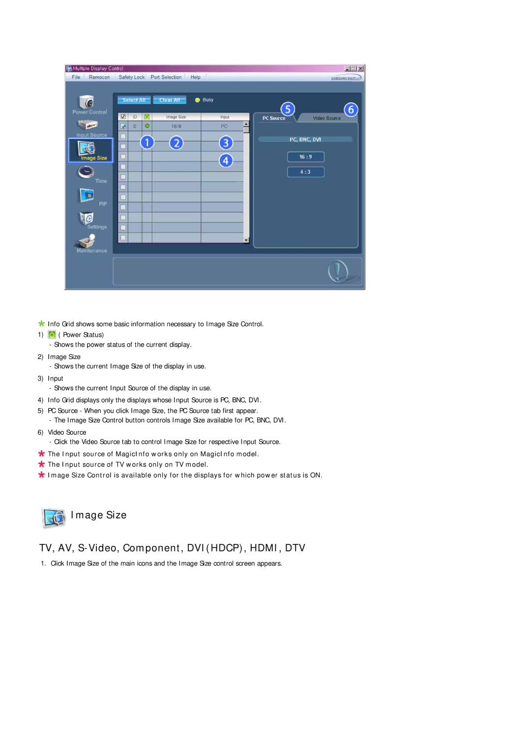 Samsung 460MPn, 400MPN user manual Image Size TV, AV, S-Video, Component, DVIHDCP, HDMI, DTV 