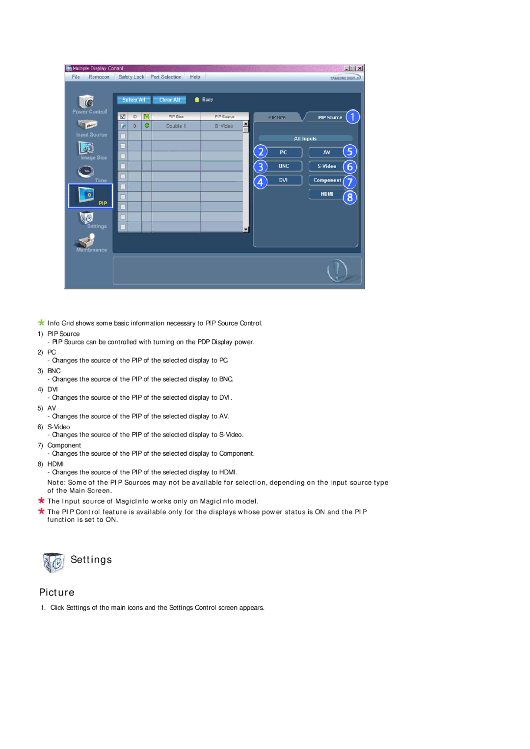 Samsung 460MPn, 400MPN user manual Settings Picture 