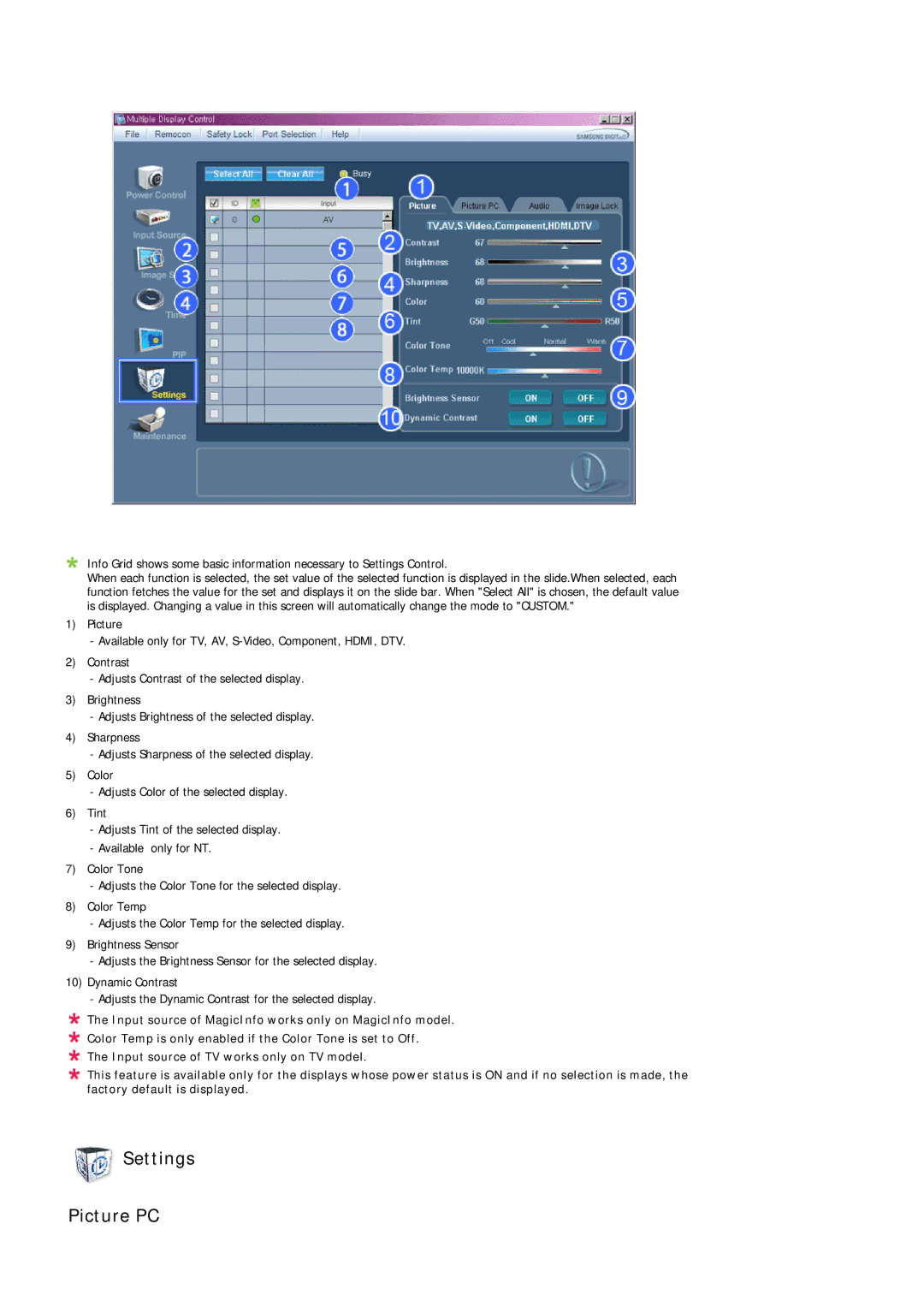 Samsung 400MPN, 460MPn user manual Settings Picture PC 