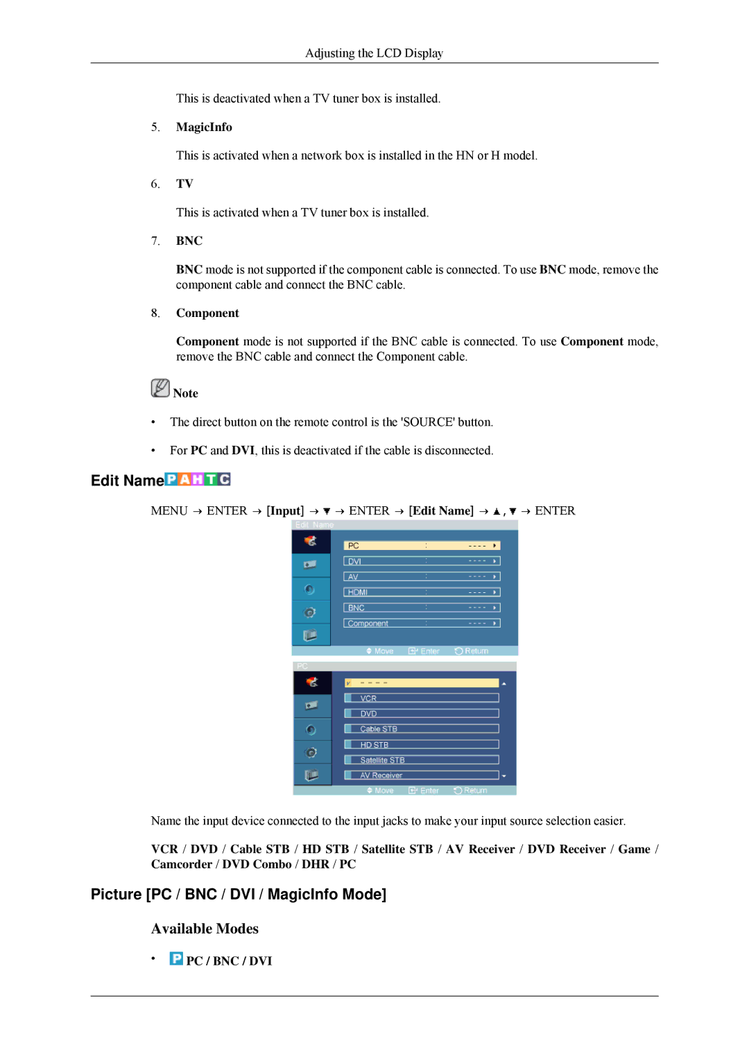 Samsung 460MPn, 400MPN user manual Edit Name, Picture PC / BNC / DVI / MagicInfo Mode, Bnc 