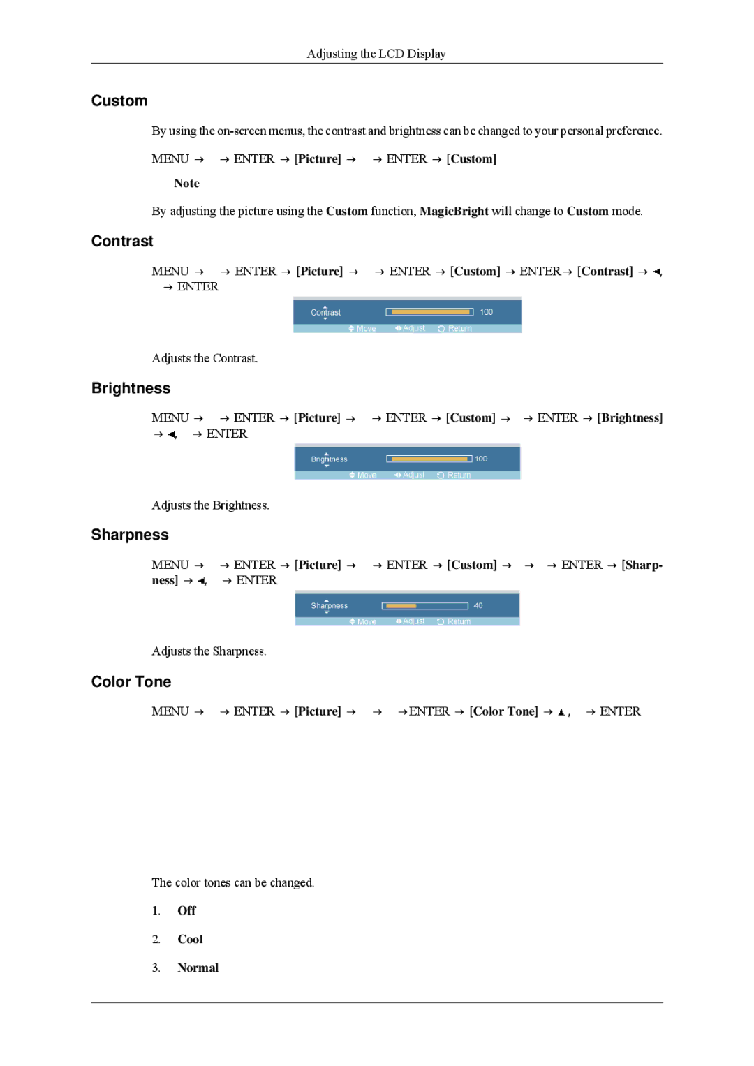 Samsung 460MPn, 400MPN user manual Custom, Contrast, Brightness, Sharpness, Color Tone 