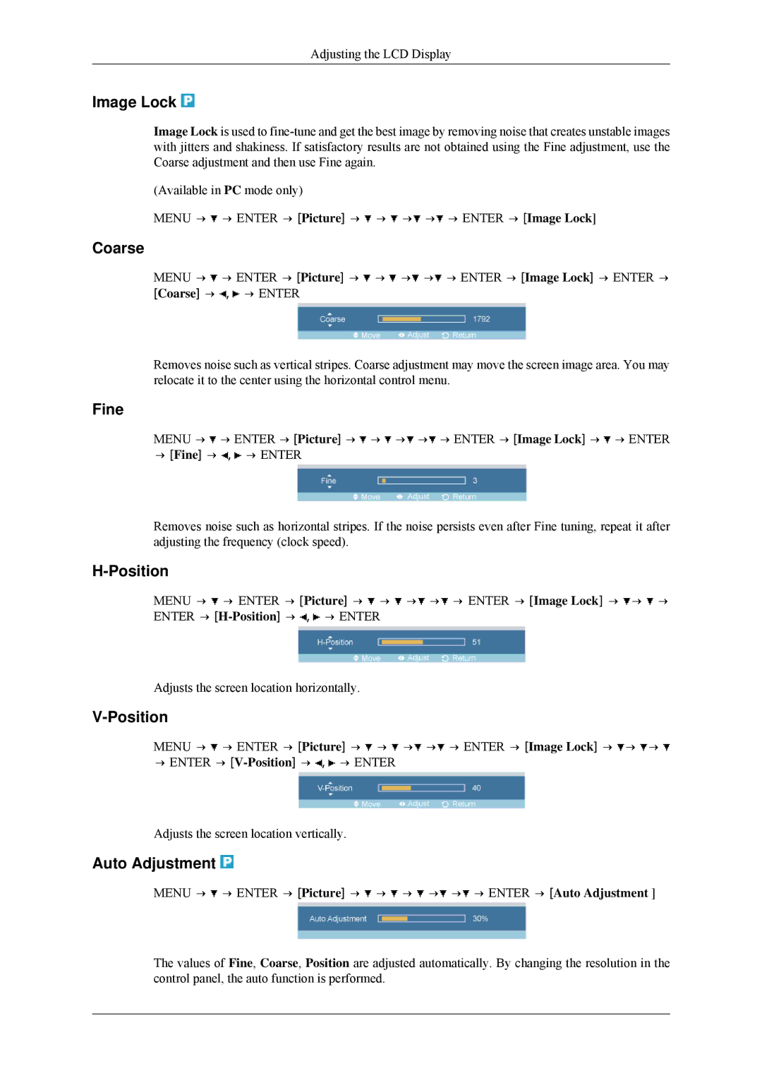 Samsung 460MPn, 400MPN user manual Image Lock, Coarse, Fine, Position, Auto Adjustment 