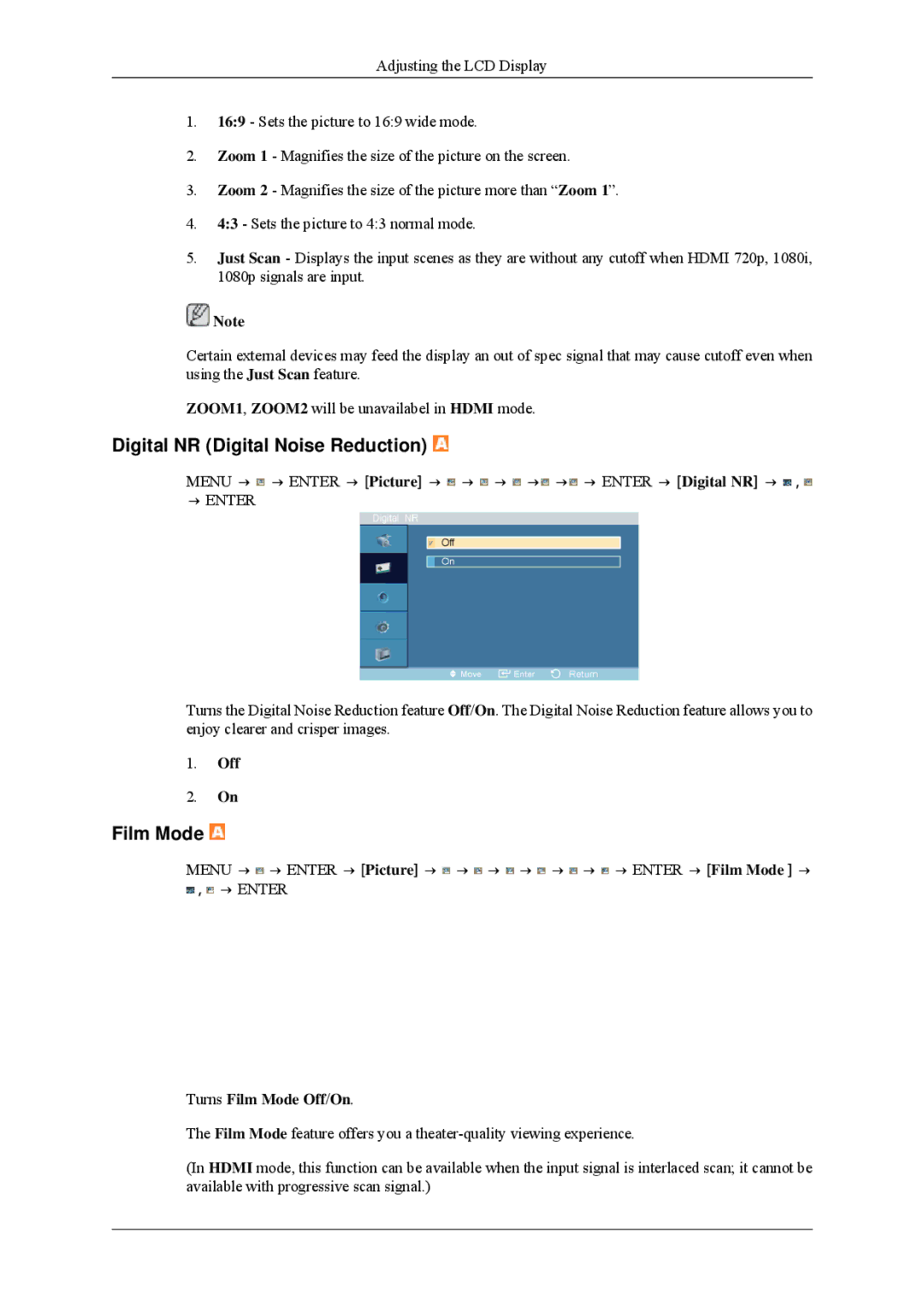 Samsung 460MPn, 400MPN user manual Digital NR Digital Noise Reduction, Turns Film Mode Off/On 