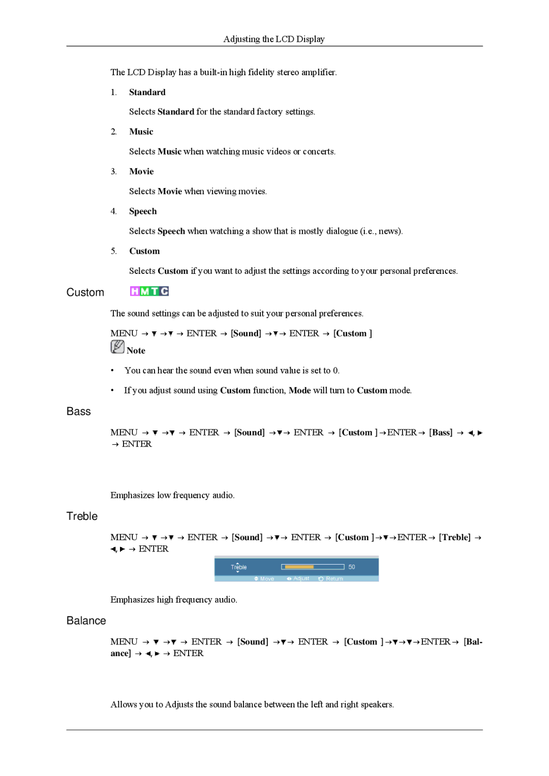 Samsung 460MPn, 400MPN user manual Bass, Treble, Balance 