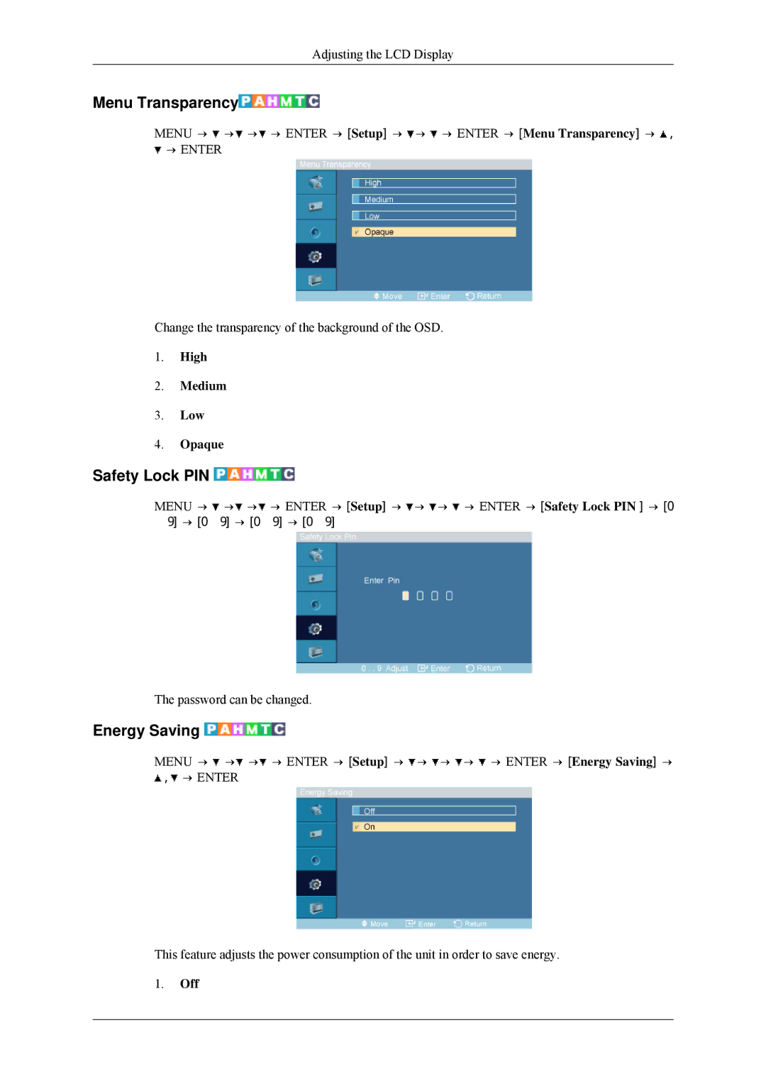 Samsung 460MPn, 400MPN user manual Menu Transparency, Safety Lock PIN, Energy Saving, High Medium Low Opaque 