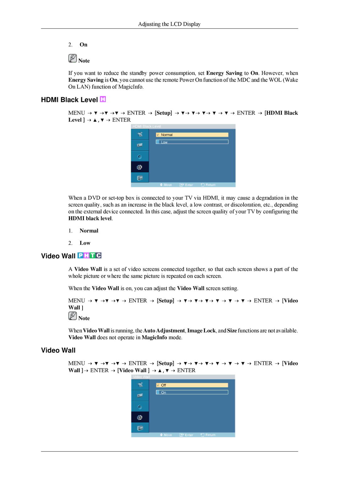 Samsung 460MPn, 400MPN user manual Hdmi Black Level, Video Wall, Hdmi black level Normal Low 