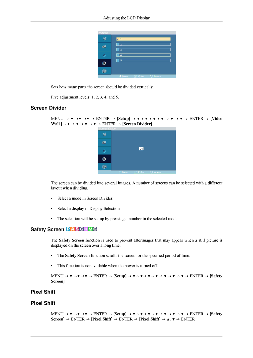 Samsung 400MPN, 460MPn user manual Screen Divider, Safety Screen, Pixel Shift 