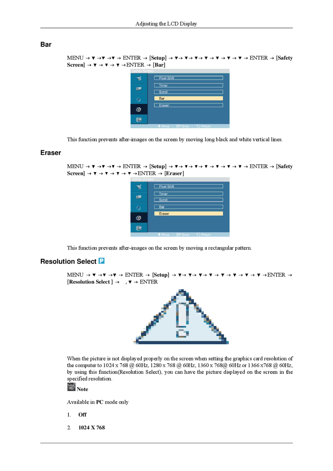 Samsung 400MPN, 460MPn user manual Bar, Eraser, Resolution Select, Off 1024 X 