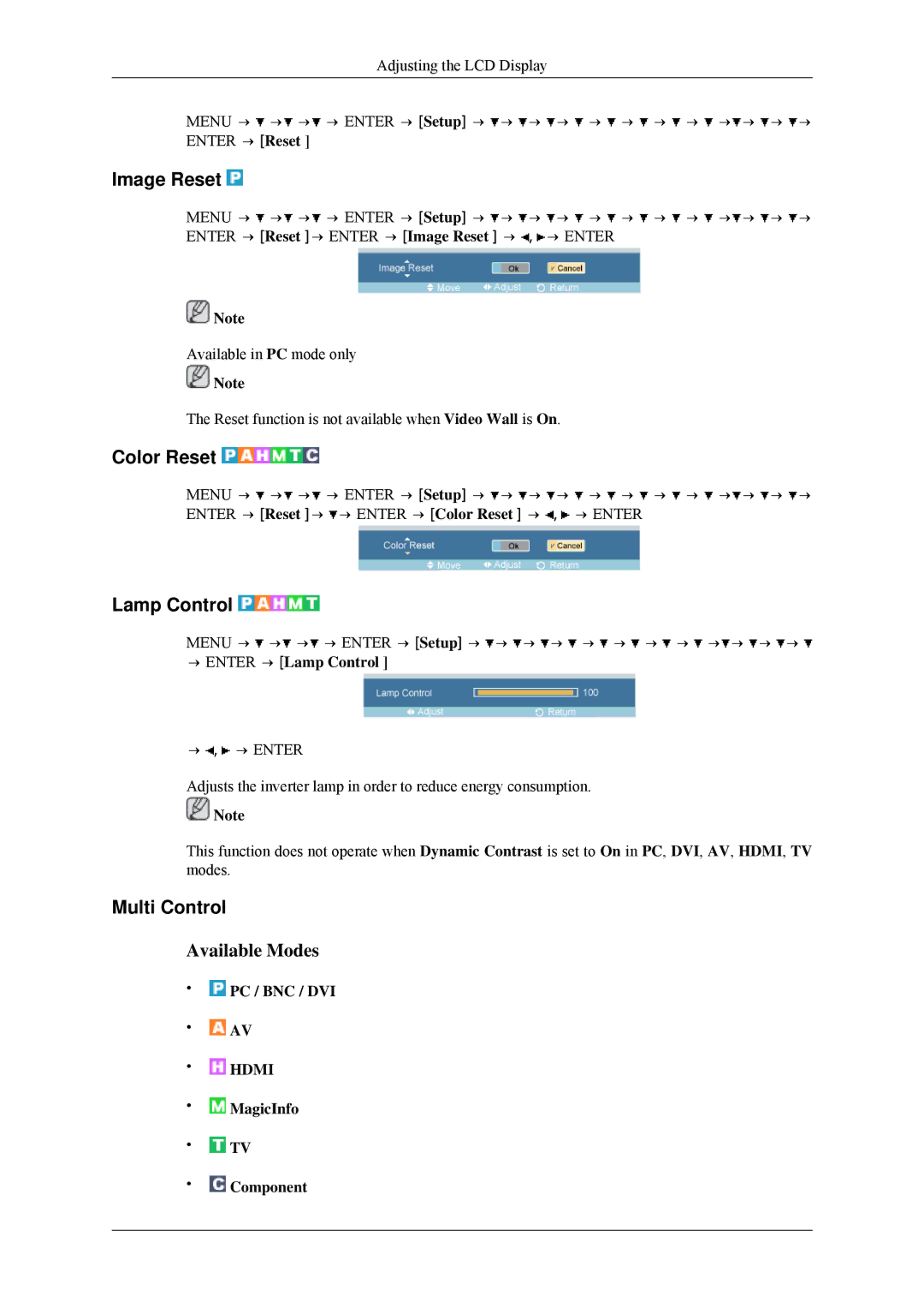 Samsung 460MPn, 400MPN user manual Image Reset, Color Reset, Multi Control, → Enter → Lamp Control 