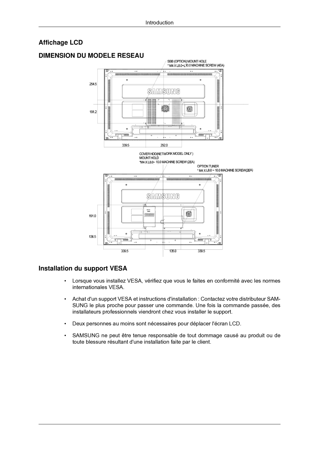 Samsung 460MXN-2, 460MX-2, 400MXN-2, 400MX-2 quick start Affichage LCD, Installation du support Vesa 