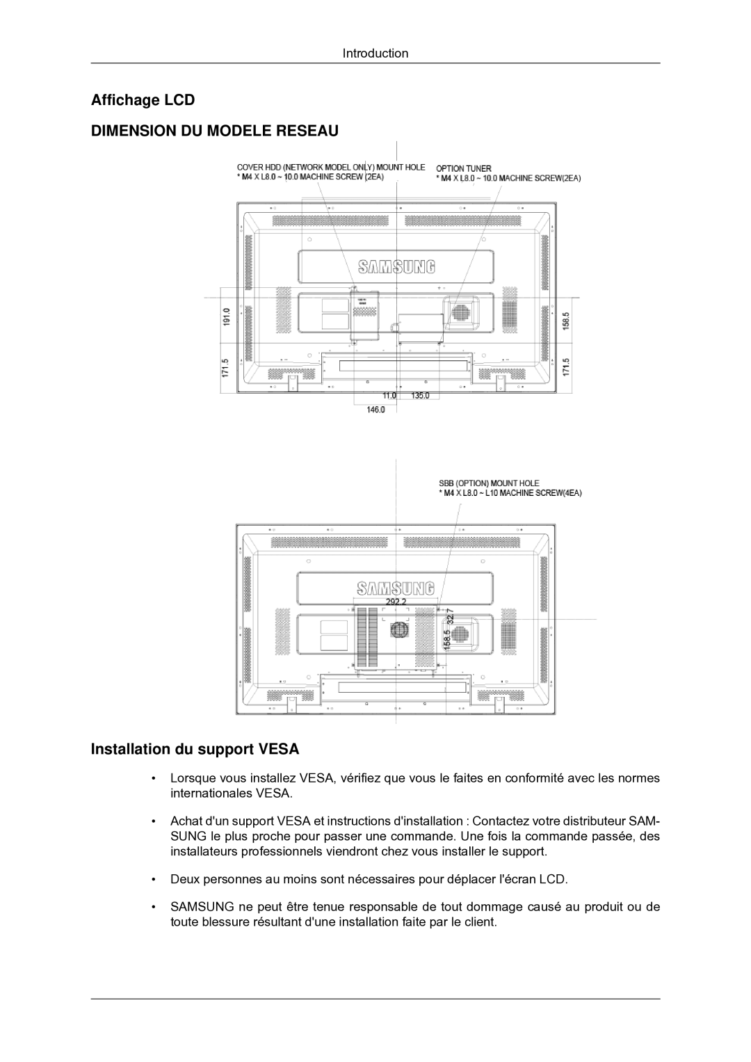 Samsung 460MX-2, 400MXN-2, 460MXN-2, 400MX-2 quick start Dimension DU Modele Reseau 