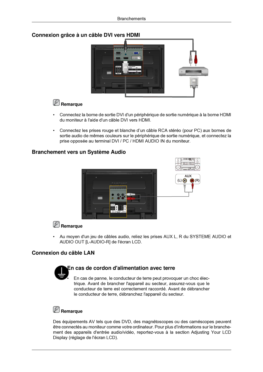 Samsung 400MX-2, 460MX-2, 400MXN-2, 460MXN-2 Connexion grâce à un câble DVI vers Hdmi, Branchement vers un Système Audio 