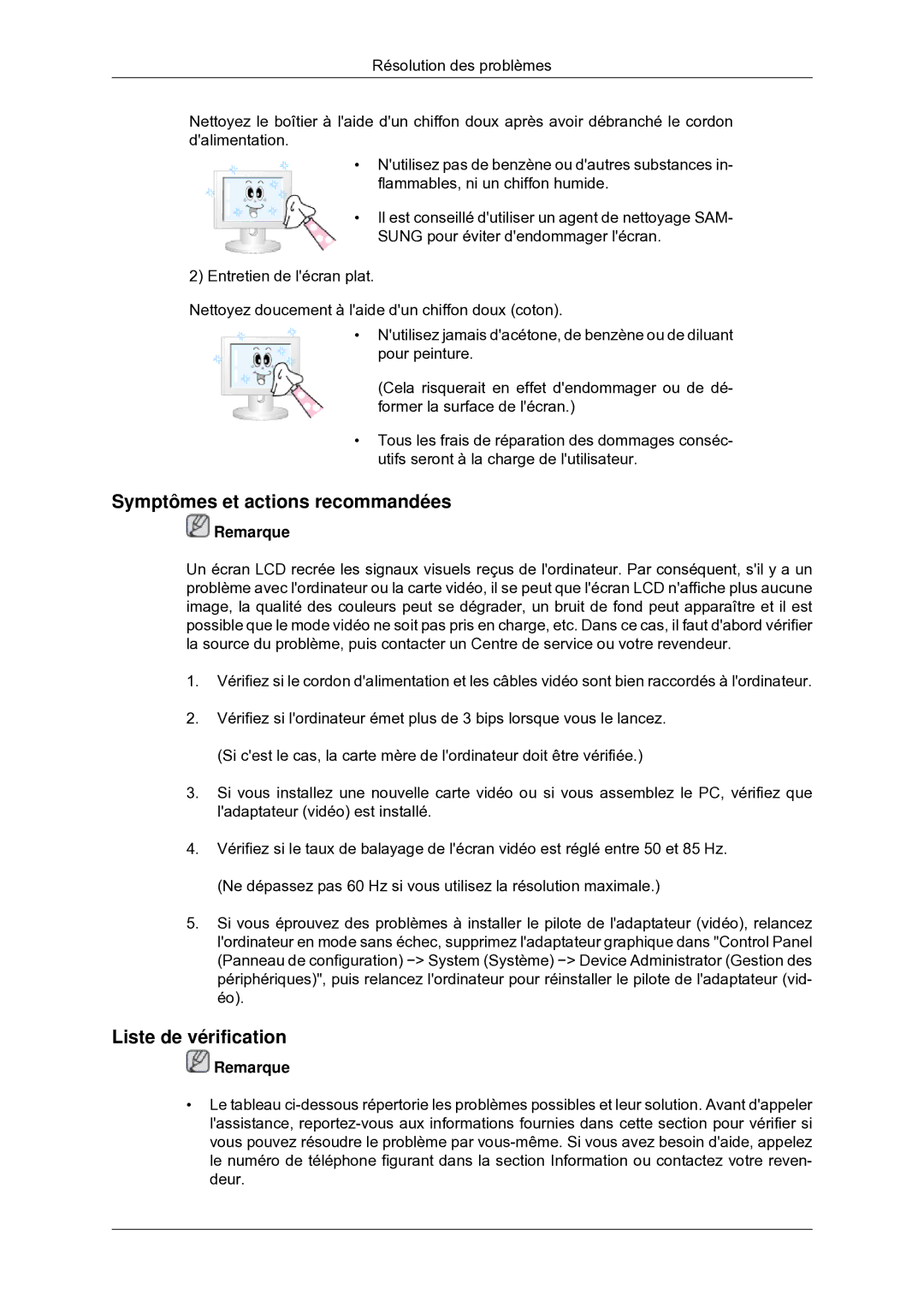 Samsung 460MXN-2, 460MX-2, 400MXN-2, 400MX-2 quick start Symptômes et actions recommandées, Liste de vérification 