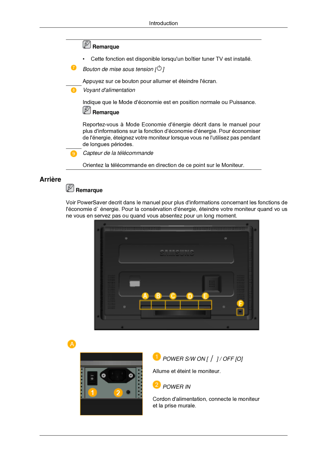 Samsung 460MXN-2, 460MX-2, 400MXN-2, 400MX-2 quick start Arrière, Power 