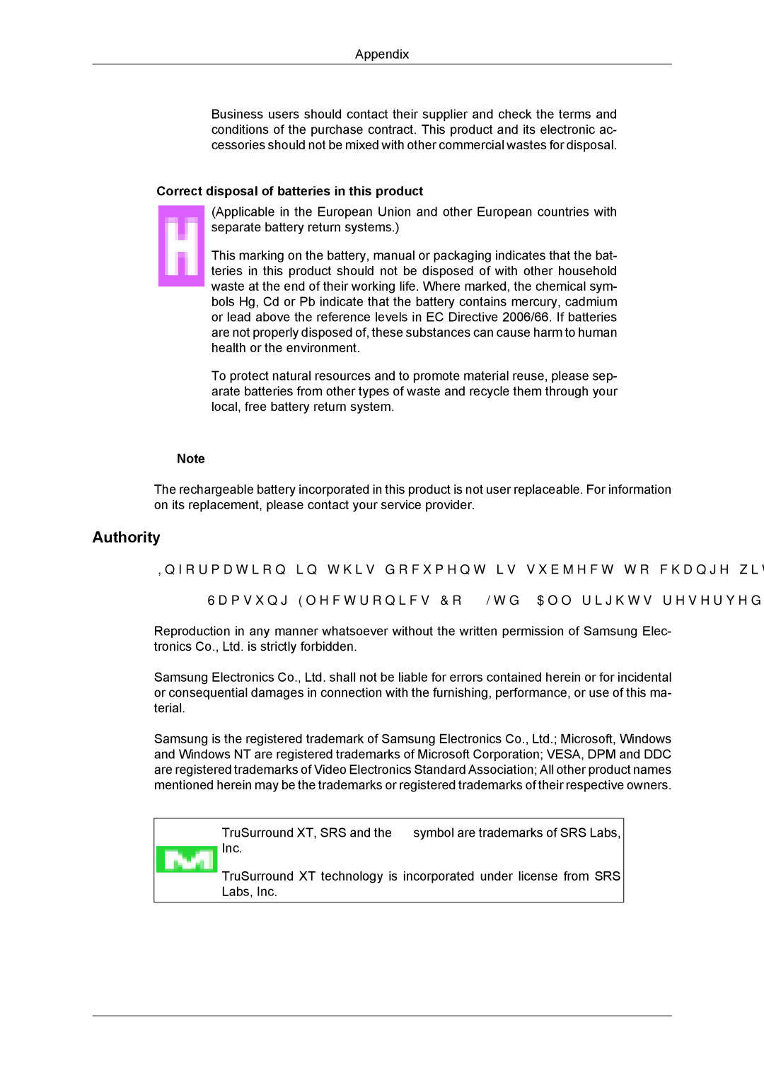 Samsung 460FP-3, 460MX-3, 400MX-3, 400FP-3 user manual Authority, Correct disposal of batteries in this product 