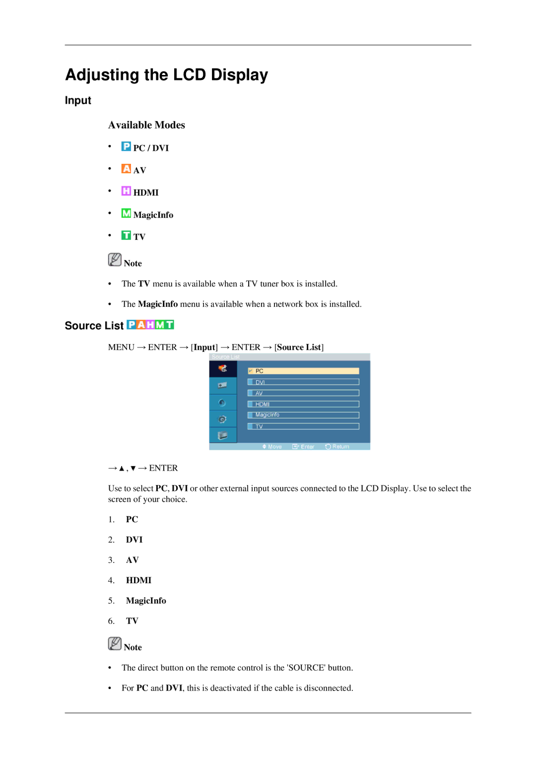 Samsung 460MXN, 400MXN user manual Input, Source List, Pc / Dvi, MagicInfo 